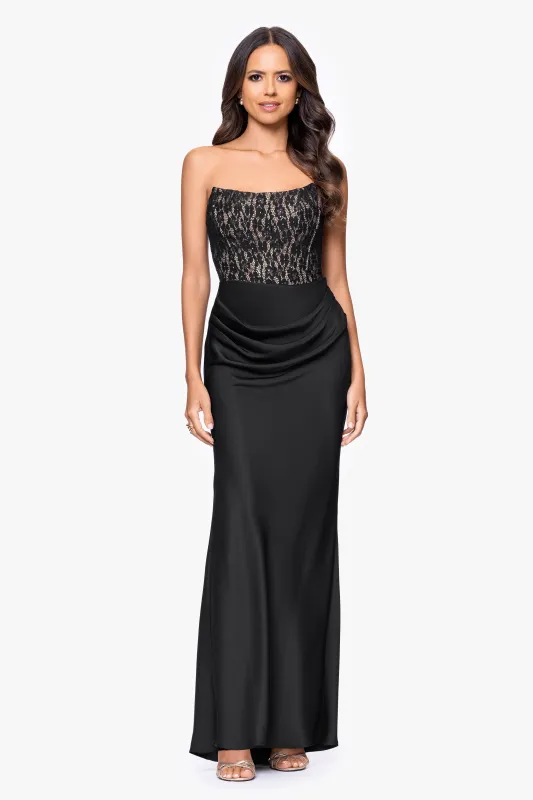 "Velma" Lace Corset Bodice and Satin Skirt Strapless Floor Length Dress sold by Betsy & Adam