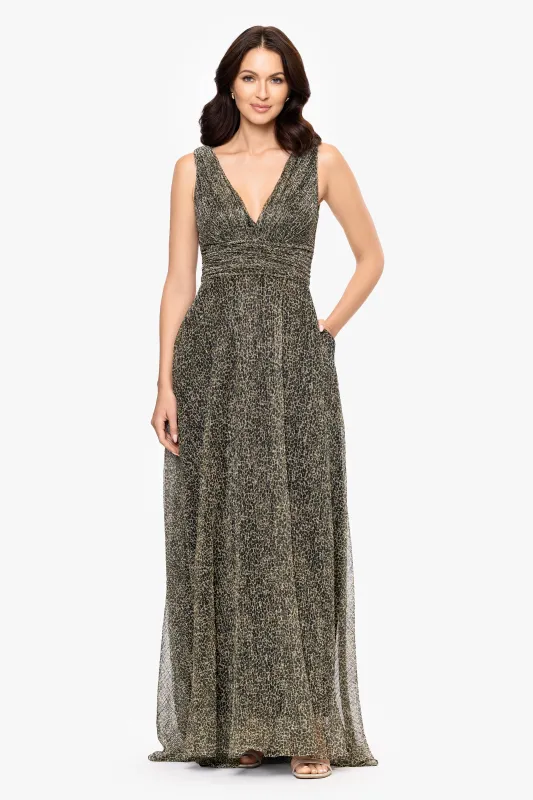 "Melania" Crinkle Metallic Animal Print V-Neck Floor Length Dress made by Betsy & Adam