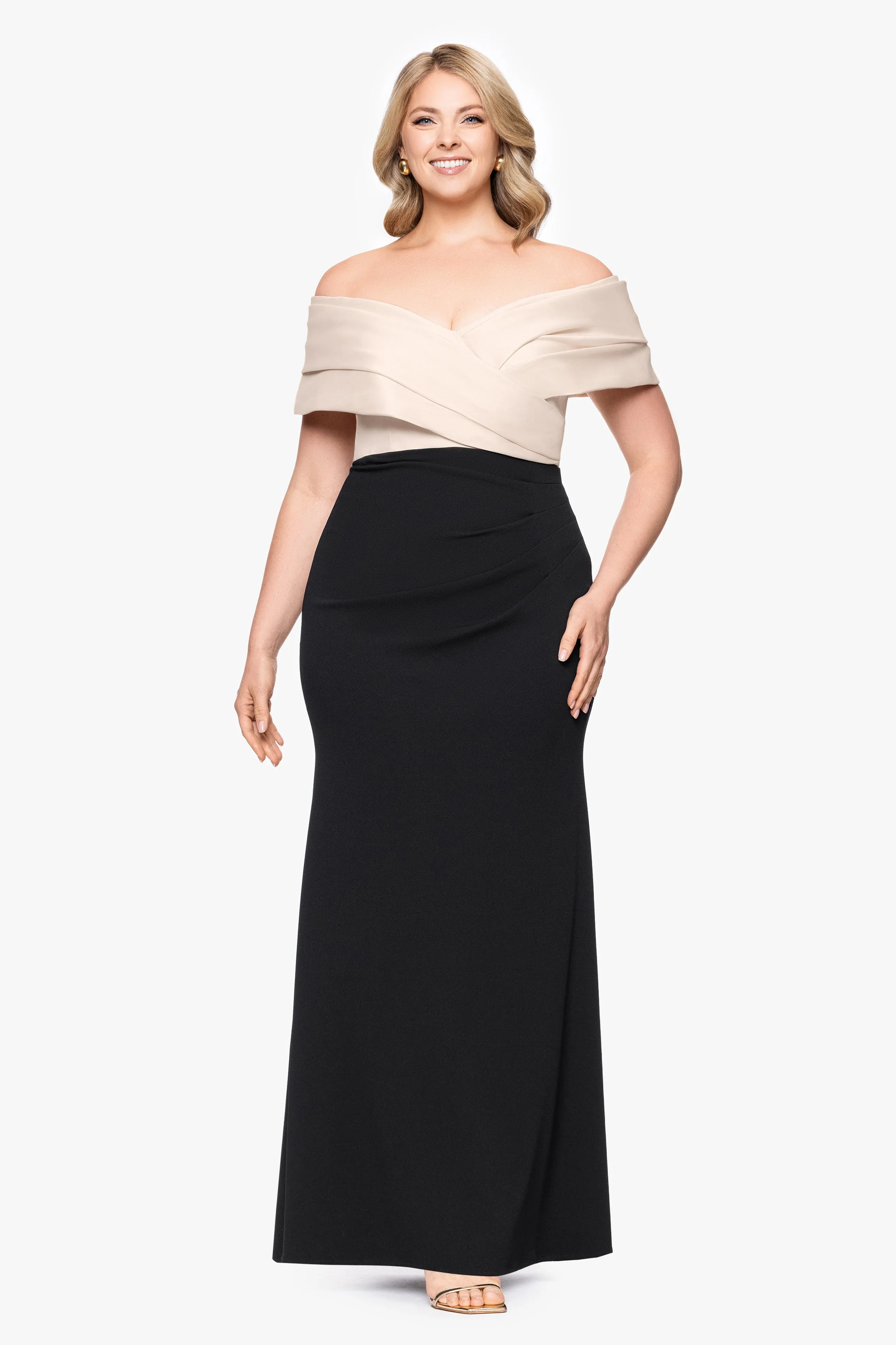 Plus "Yasmeen" Long Off The Shoulder Scuba Crepe Gown sold by Betsy & Adam