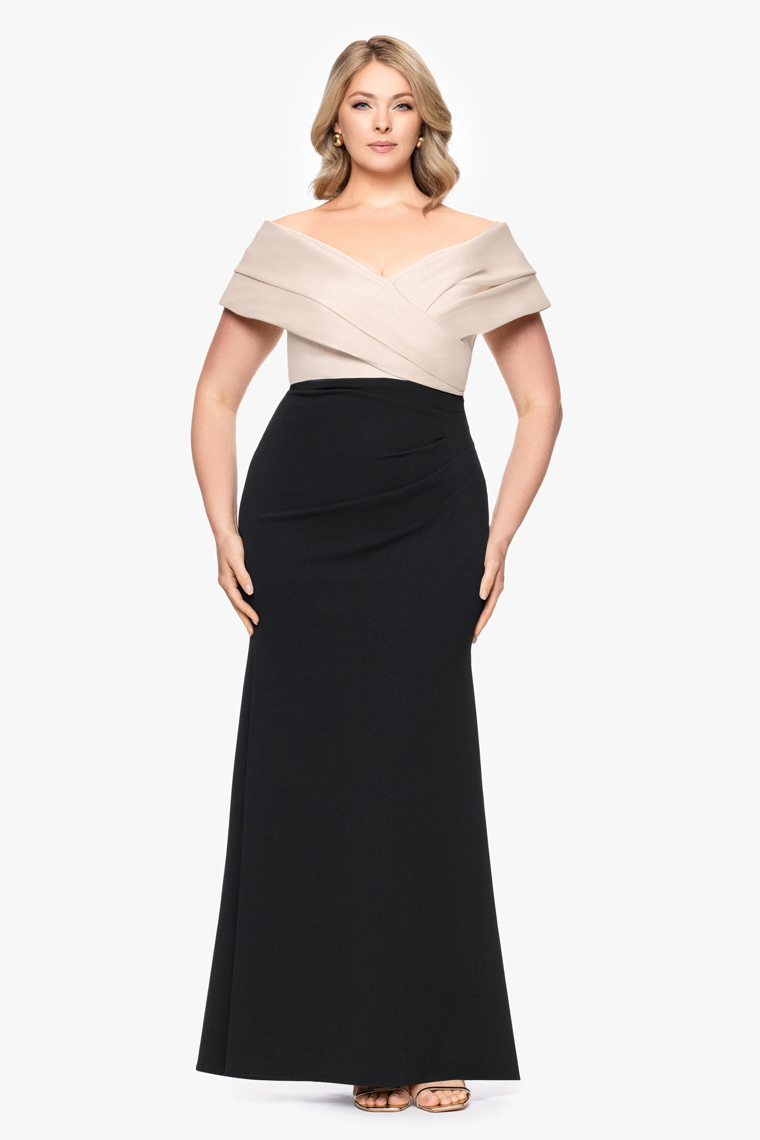 Plus "Yasmeen" Long Off The Shoulder Scuba Crepe Gown sold by Betsy & Adam product image thumbnail 5