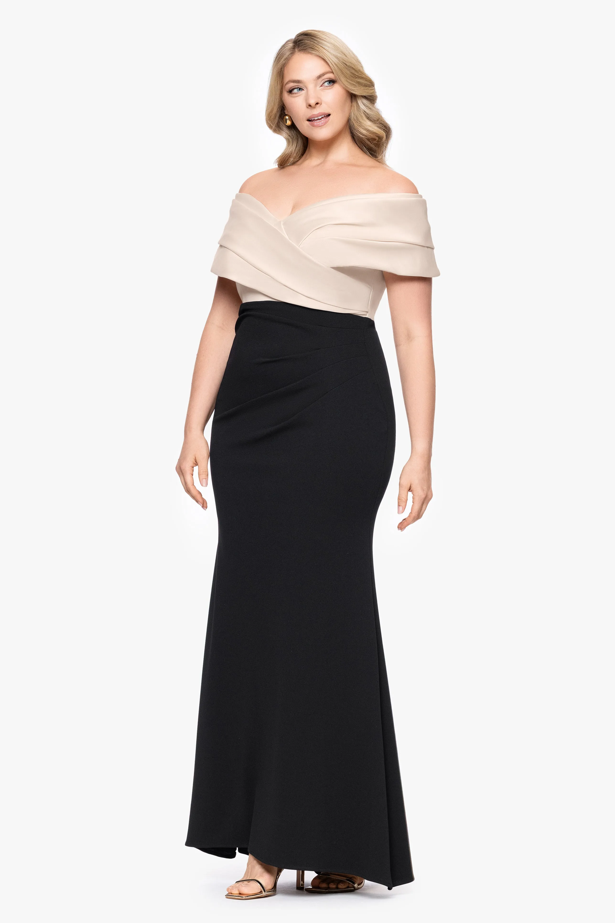 Plus "Yasmeen" Long Off The Shoulder Scuba Crepe Gown sold by Betsy & Adam product image thumbnail 4