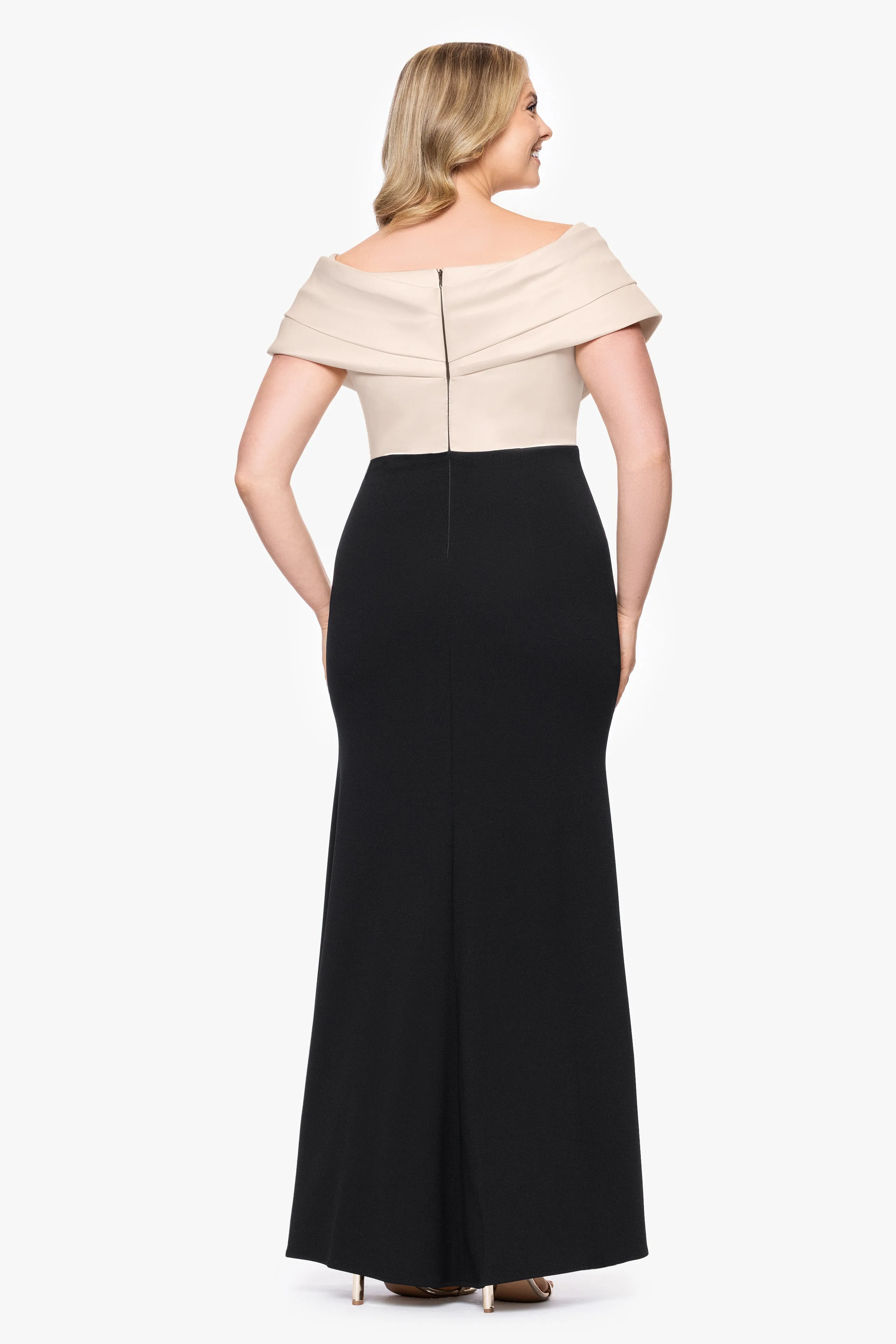 Plus "Yasmeen" Long Off The Shoulder Scuba Crepe Gown sold by Betsy & Adam product image thumbnail 3