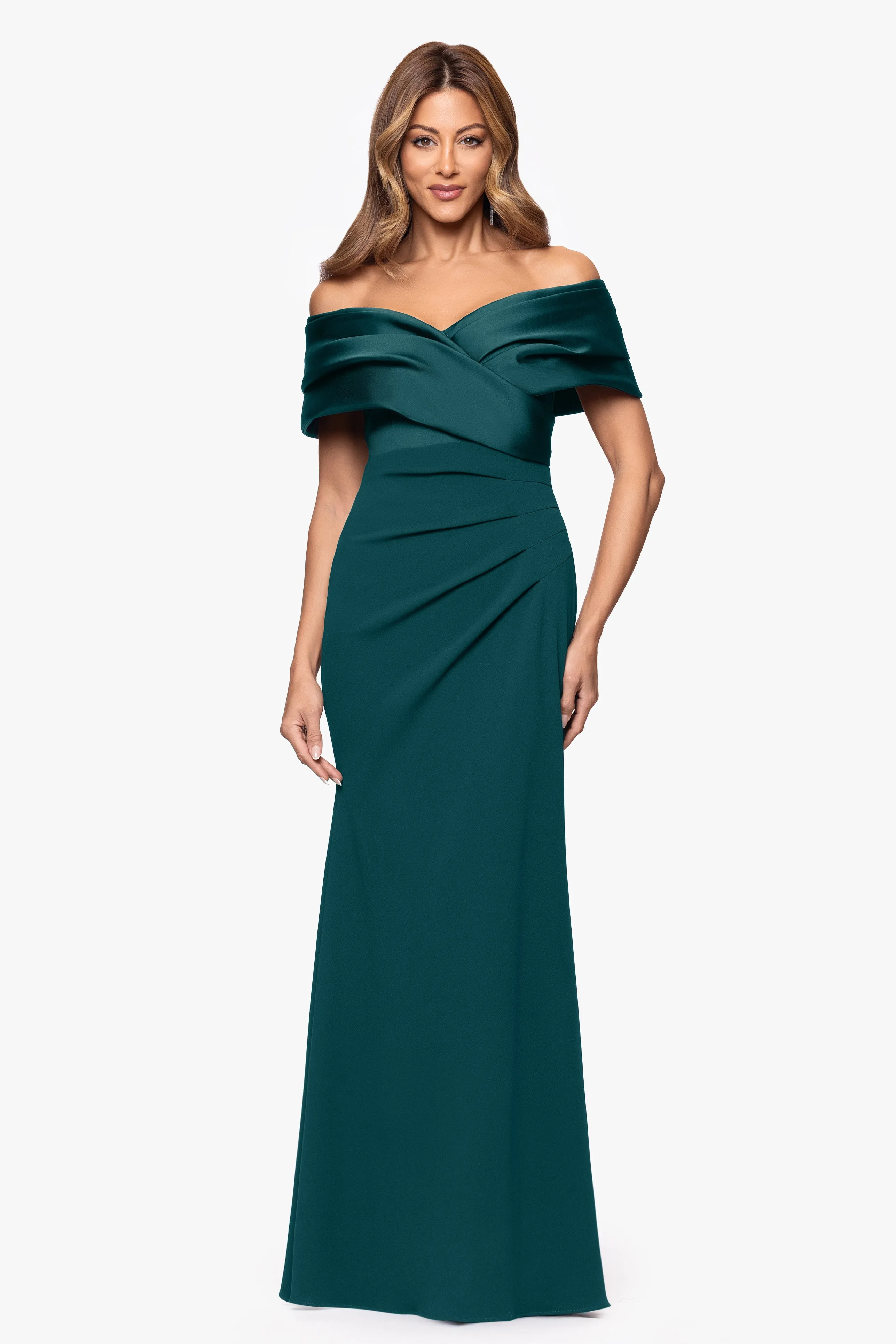 Petite "Yasmeen" Long Off The Shoulder Scuba Crepe Gown sold by Betsy & Adam