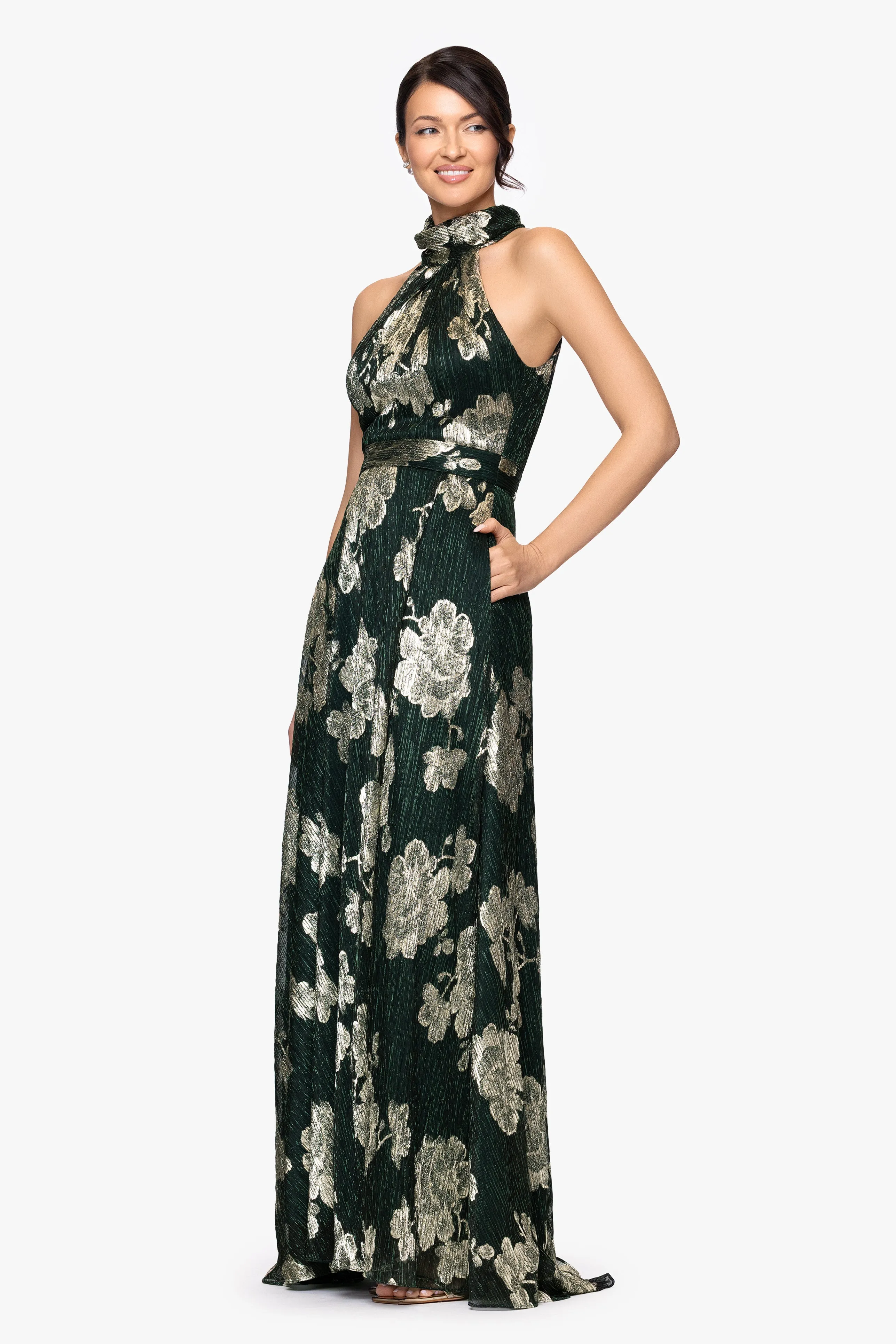 Petite "Blake" Foil Knit High Halter Neck Floor Length Dress sold by Betsy & Adam product image thumbnail 5