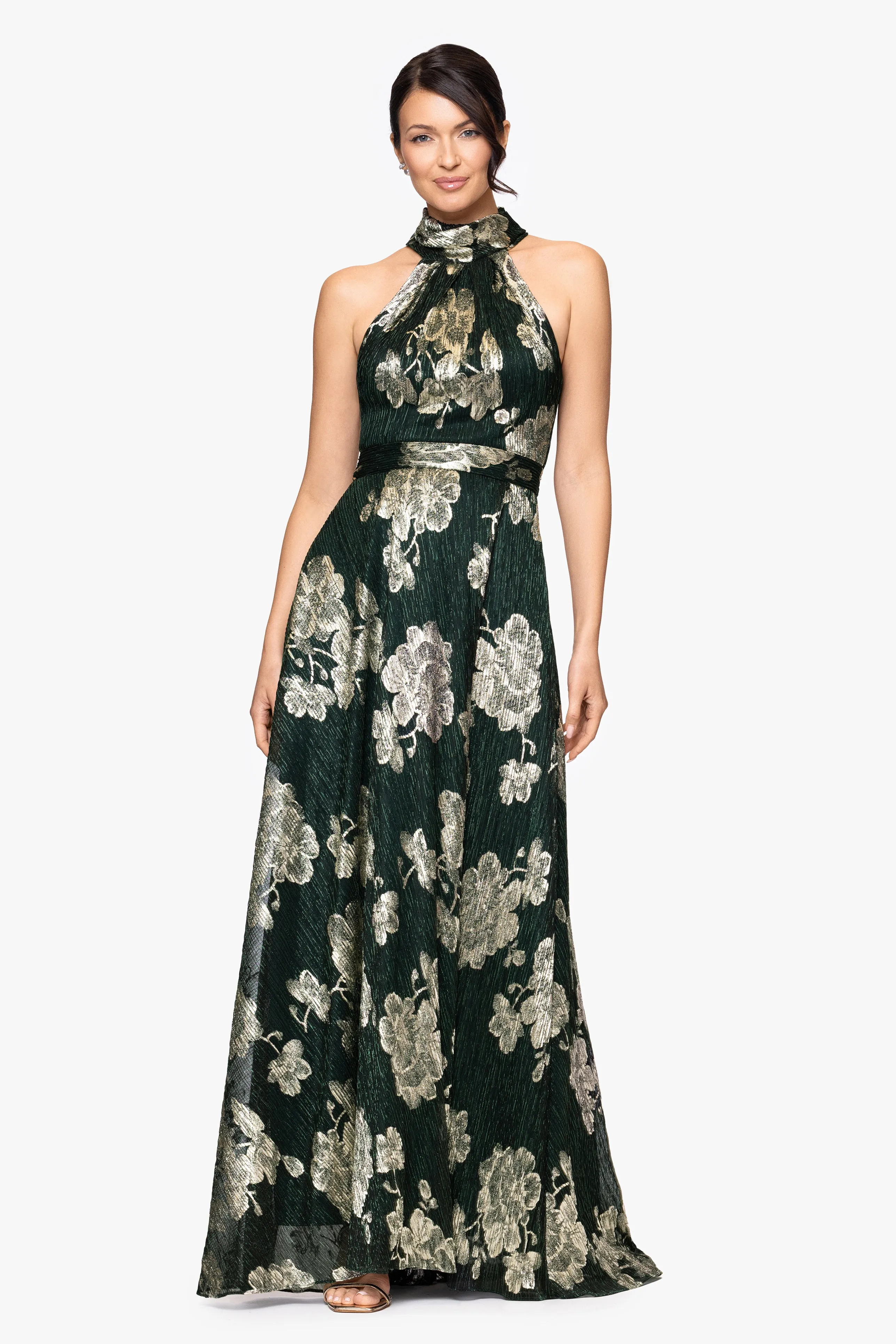 Petite "Blake" Foil Knit High Halter Neck Floor Length Dress sold by Betsy & Adam product image thumbnail 4