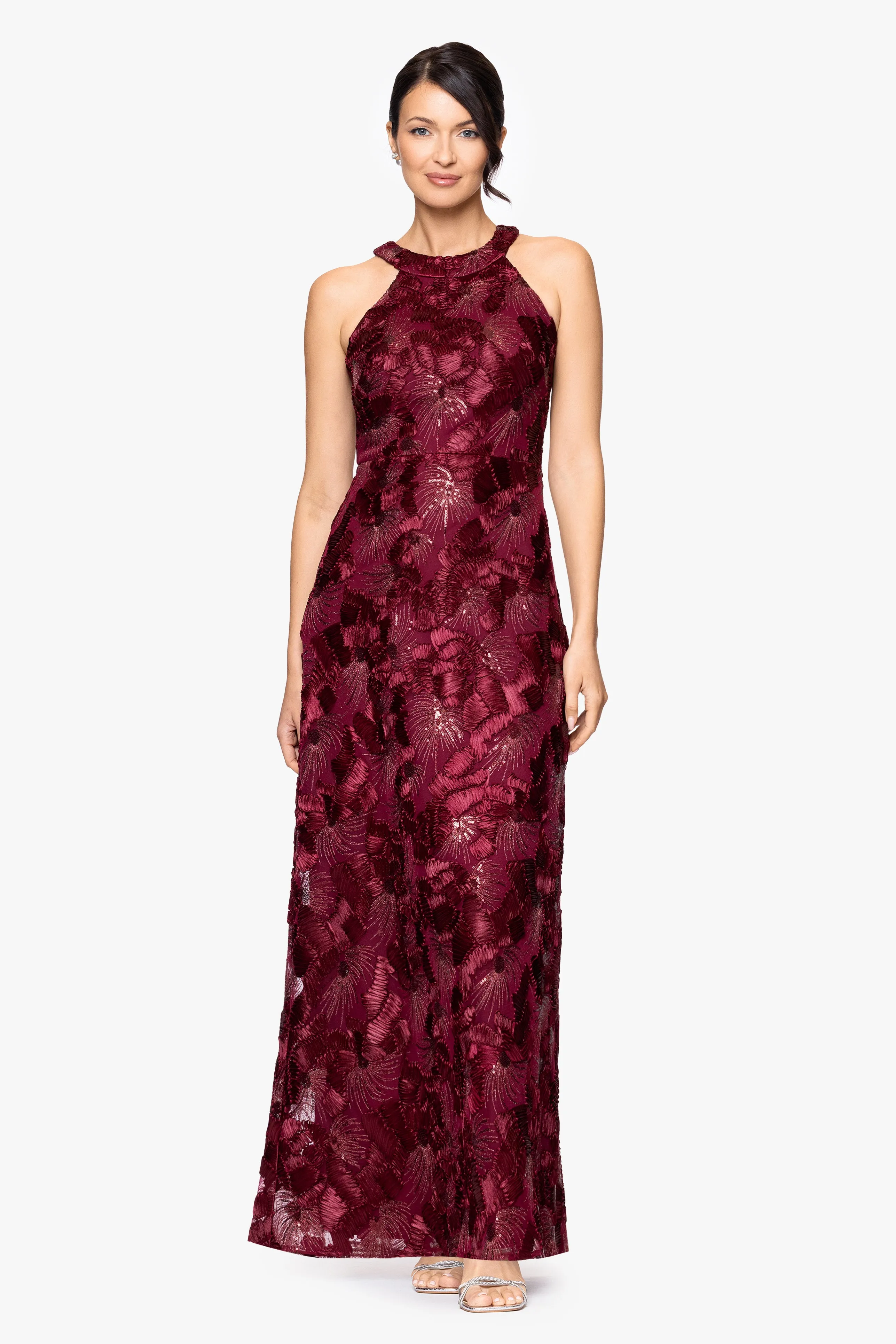 Petite "Fabiana" Halter Neck Soutache and Sequin Floor Length Dress sold by Betsy & Adam