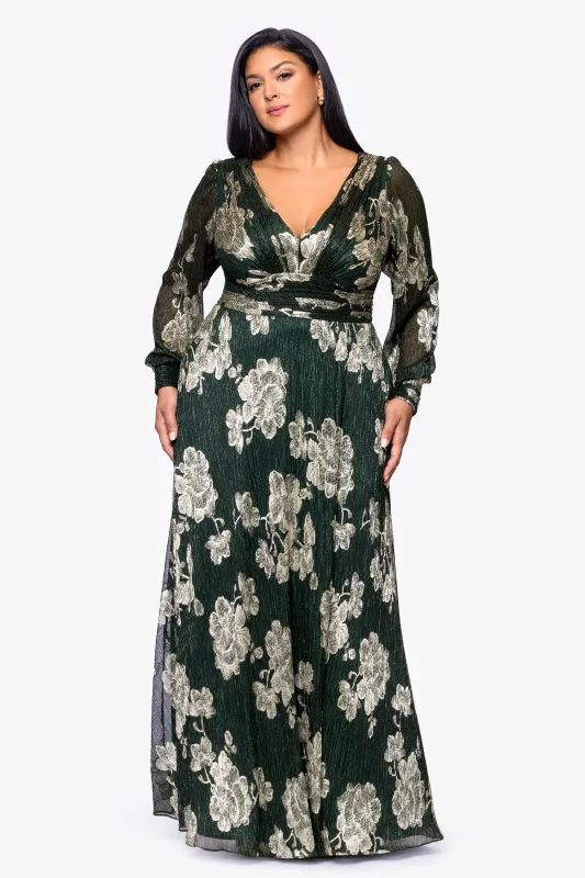 Plus "June" Foil Knit V-Neck Long Sleeve Floor Length Dress sold by Betsy & Adam