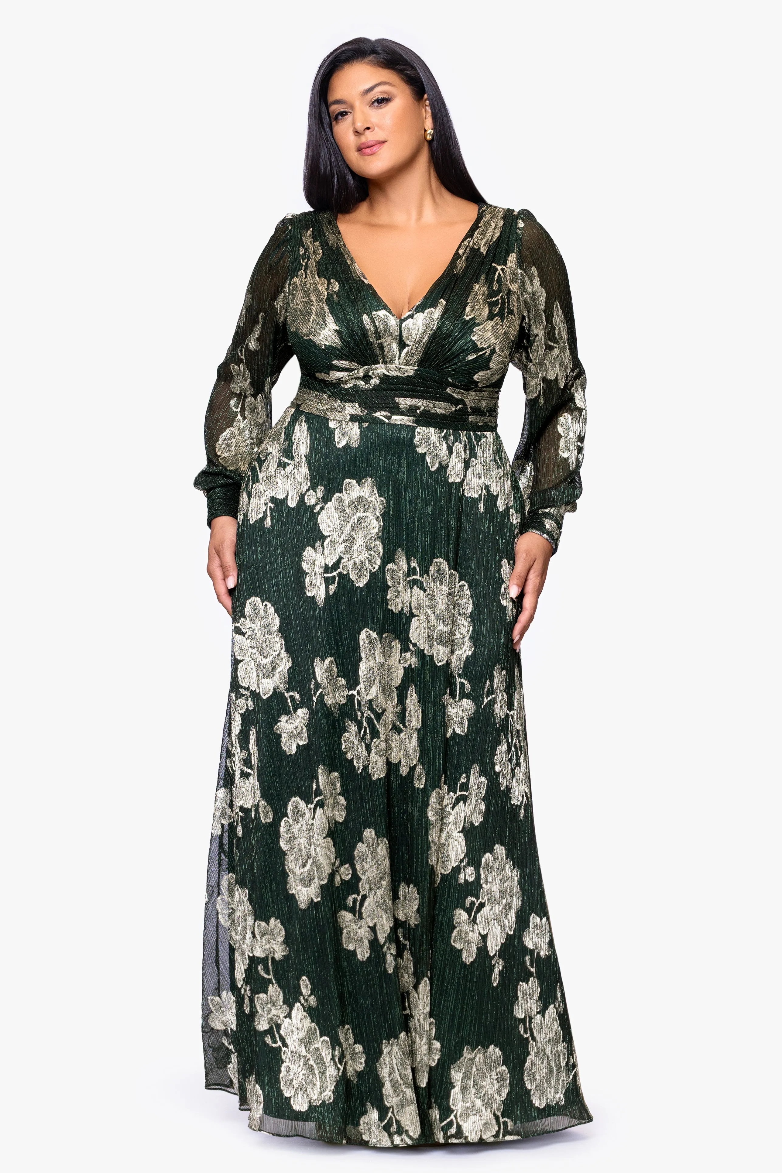 Plus "June" Foil Knit V-Neck Long Sleeve Floor Length Dress sold by Betsy & Adam