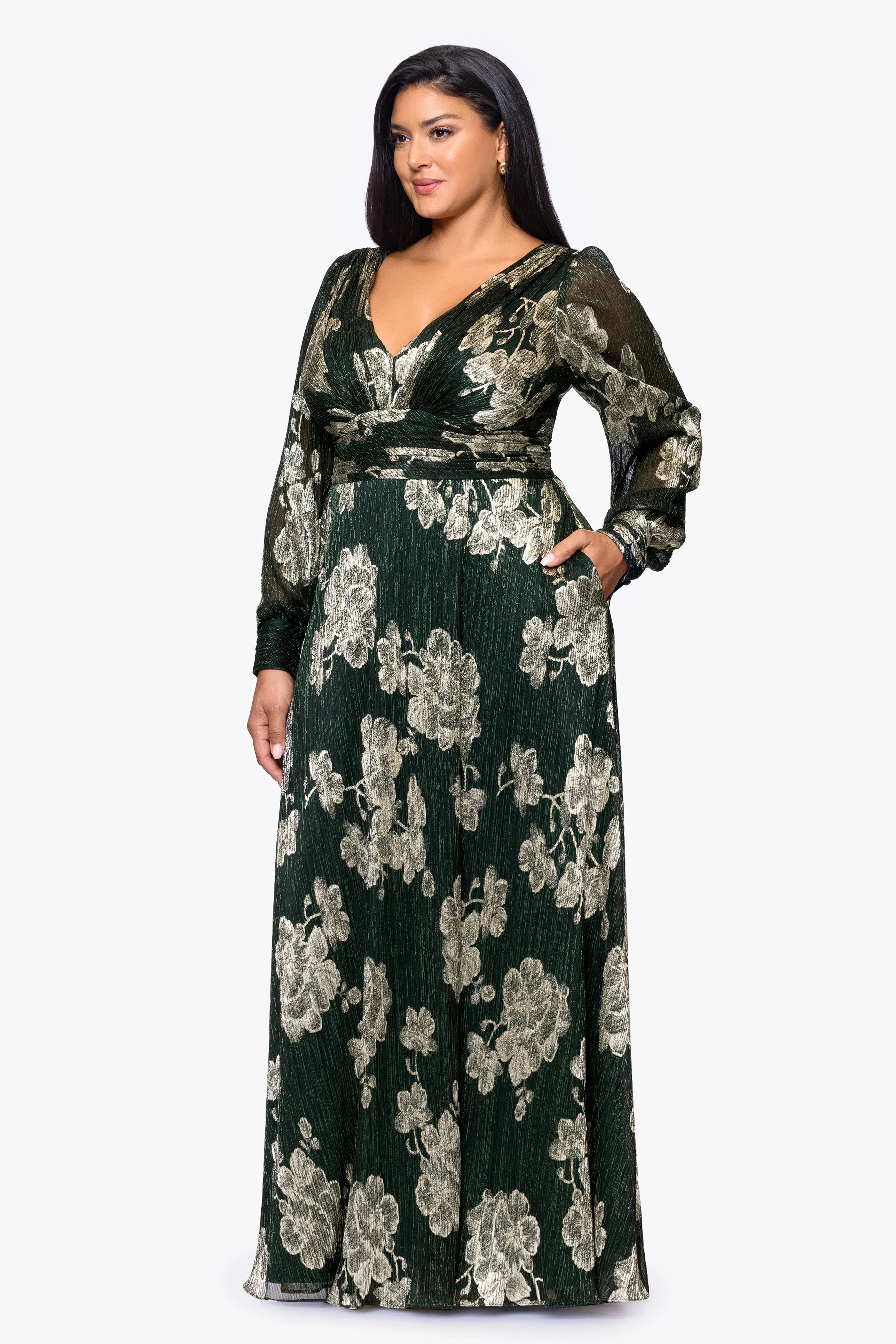 Plus "June" Foil Knit V-Neck Long Sleeve Floor Length Dress sold by Betsy & Adam product image thumbnail 4