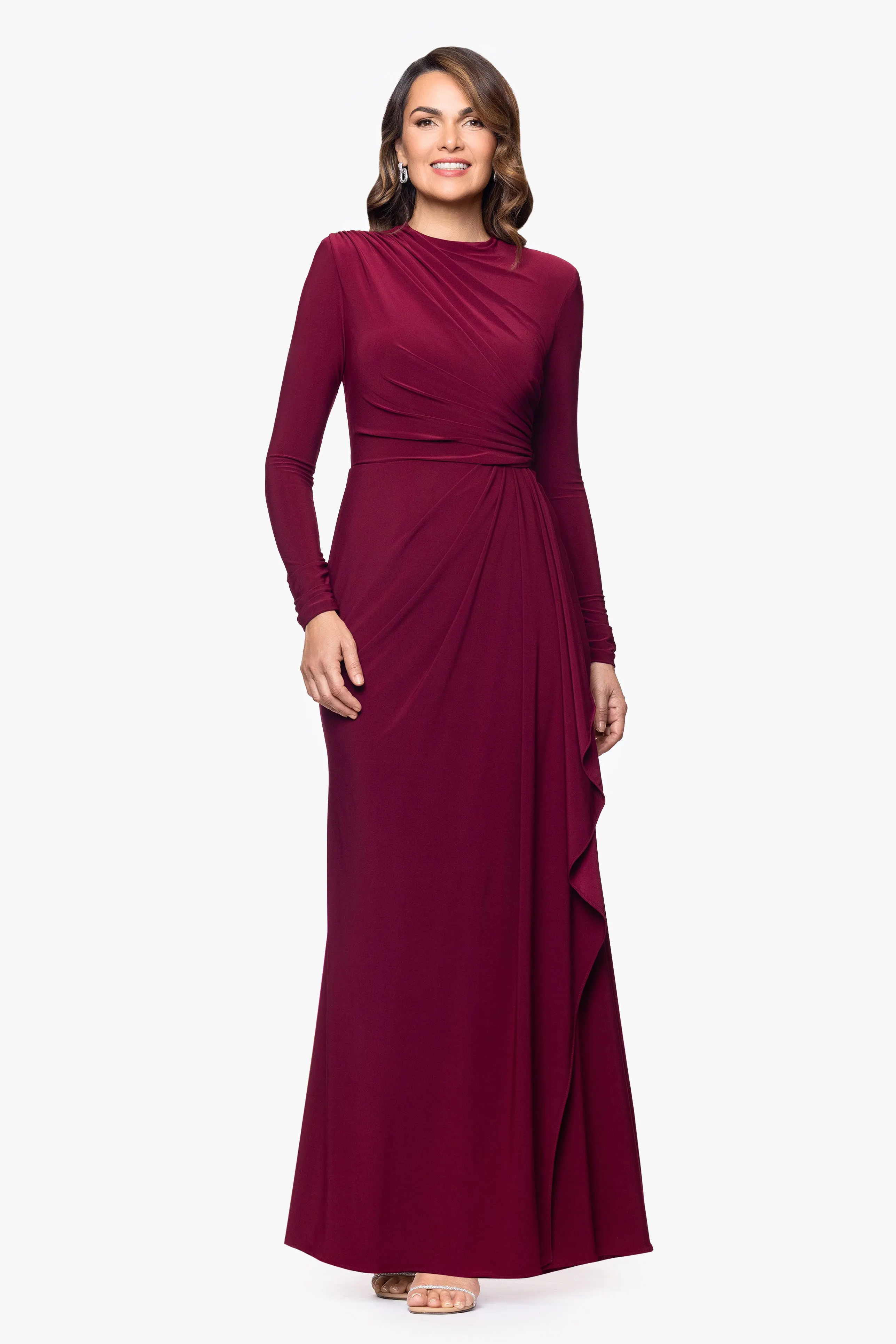 "Jeanette" Long Sleeve Stretch Knit Side Ruffle Dress sold by Betsy & Adam