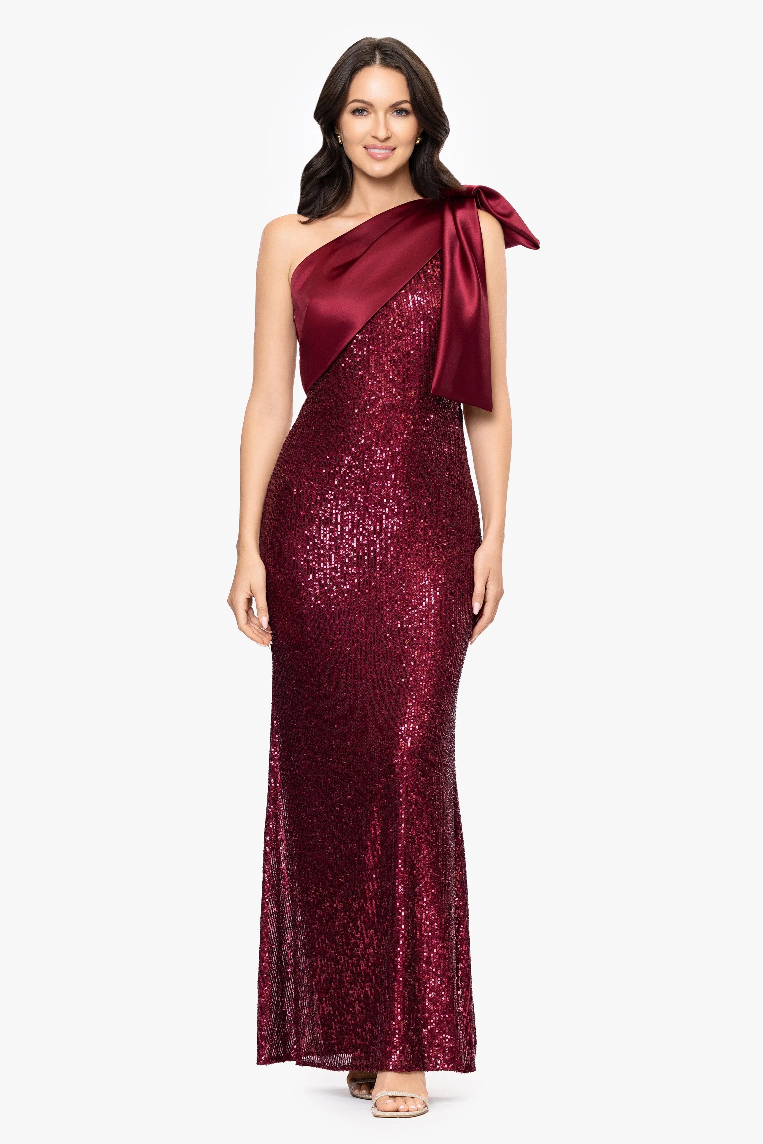 "Paulette" Long Sequin One Shoulder with Satin Bow Floor Length Dress sold by Betsy & Adam