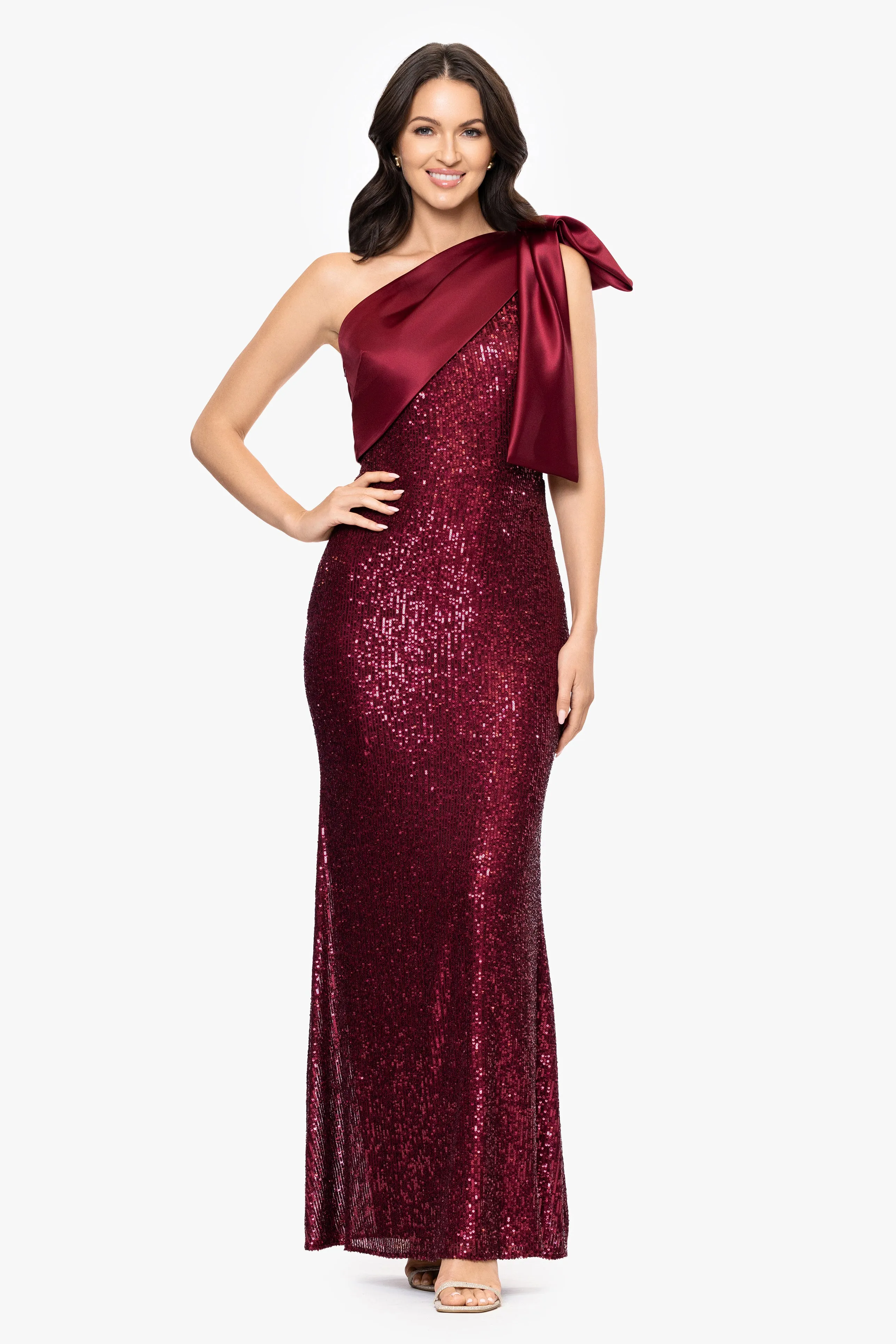"Paulette" Long Sequin One Shoulder with Satin Bow Floor Length Dress sold by Betsy & Adam product image thumbnail 5