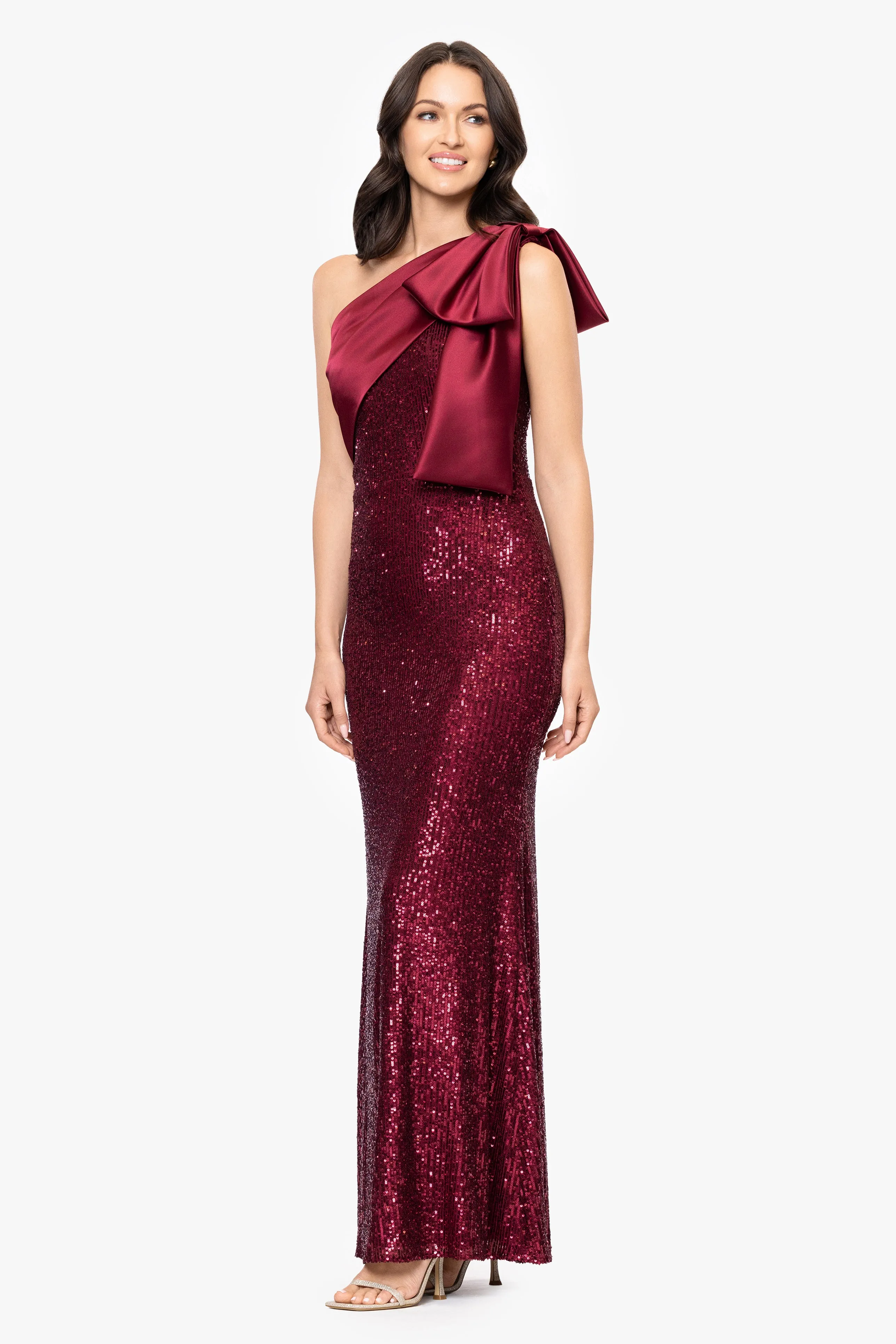 "Paulette" Long Sequin One Shoulder with Satin Bow Floor Length Dress sold by Betsy & Adam product image thumbnail 4