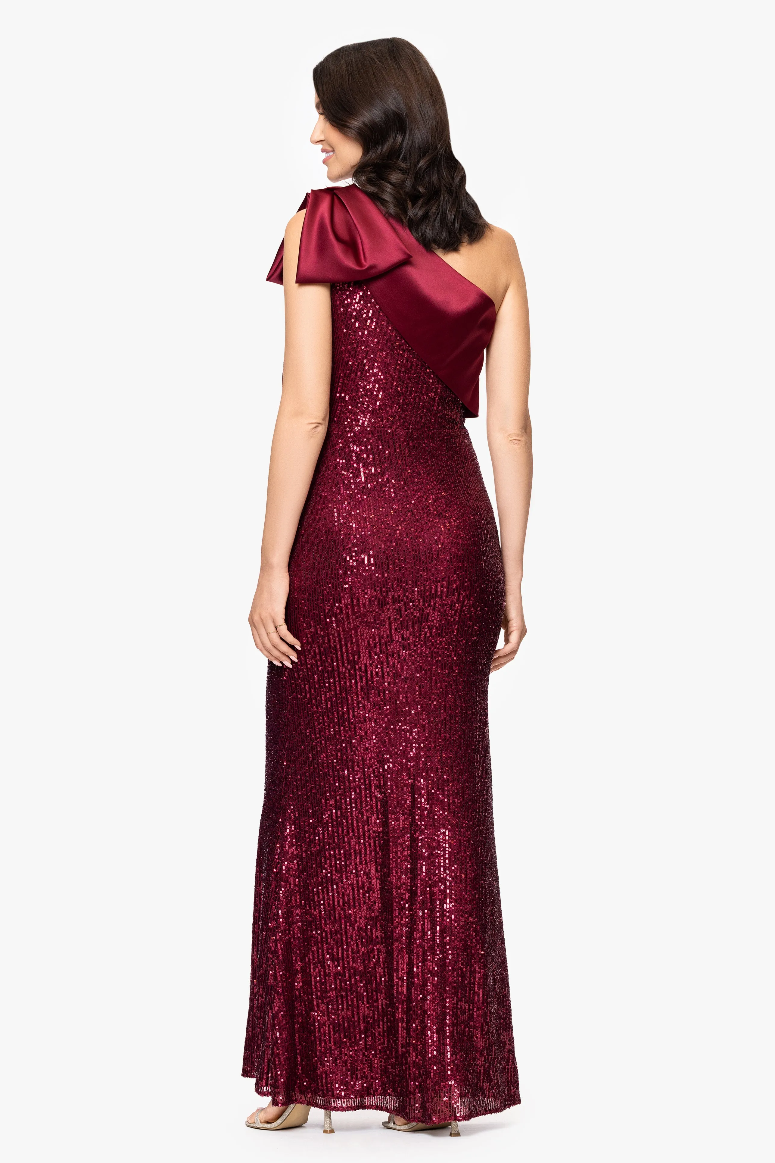 "Paulette" Long Sequin One Shoulder with Satin Bow Floor Length Dress sold by Betsy & Adam product image thumbnail 3