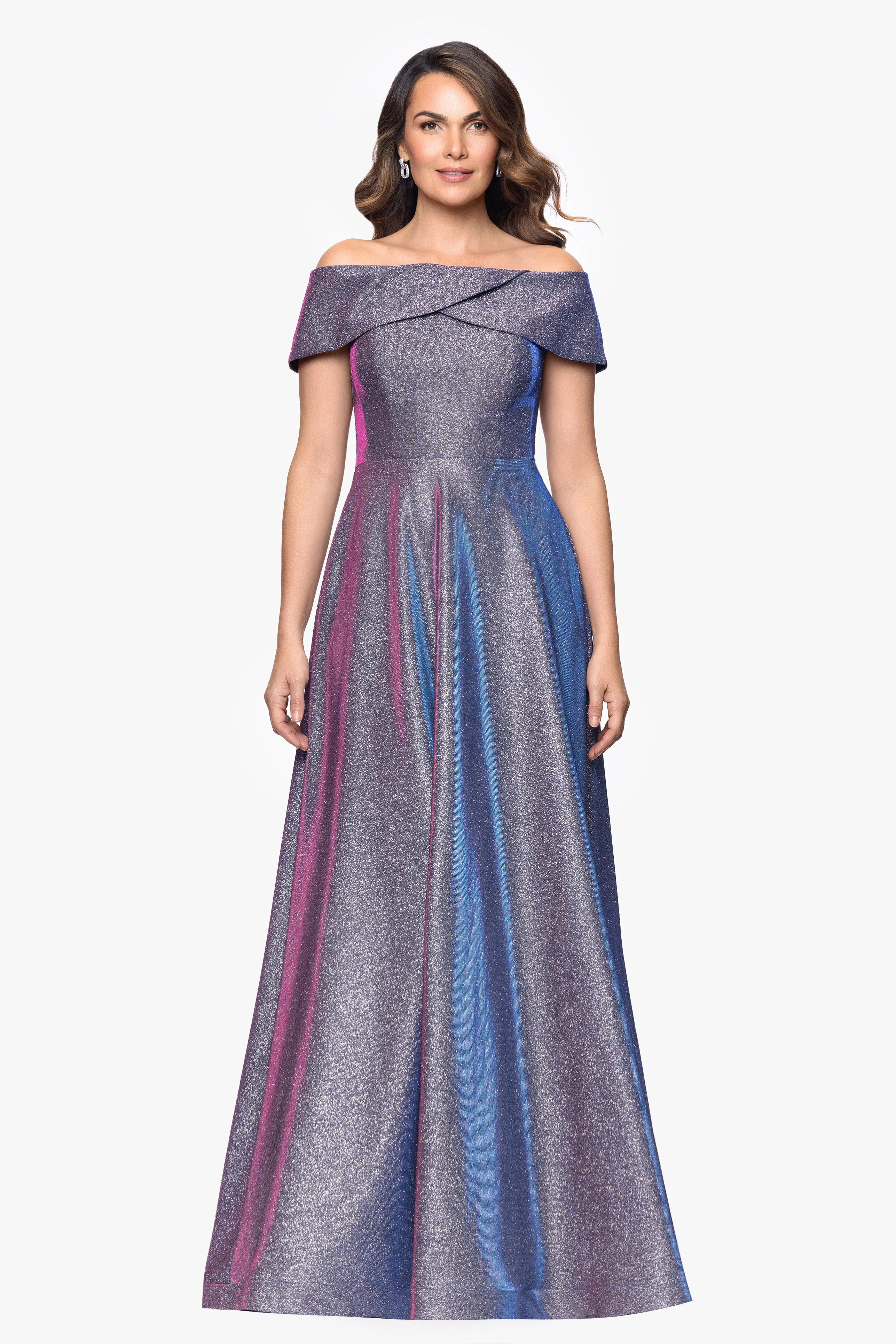 "Kendra" Galaxy Glitter Off the Shoulder Floor Length Gown sold by Betsy & Adam