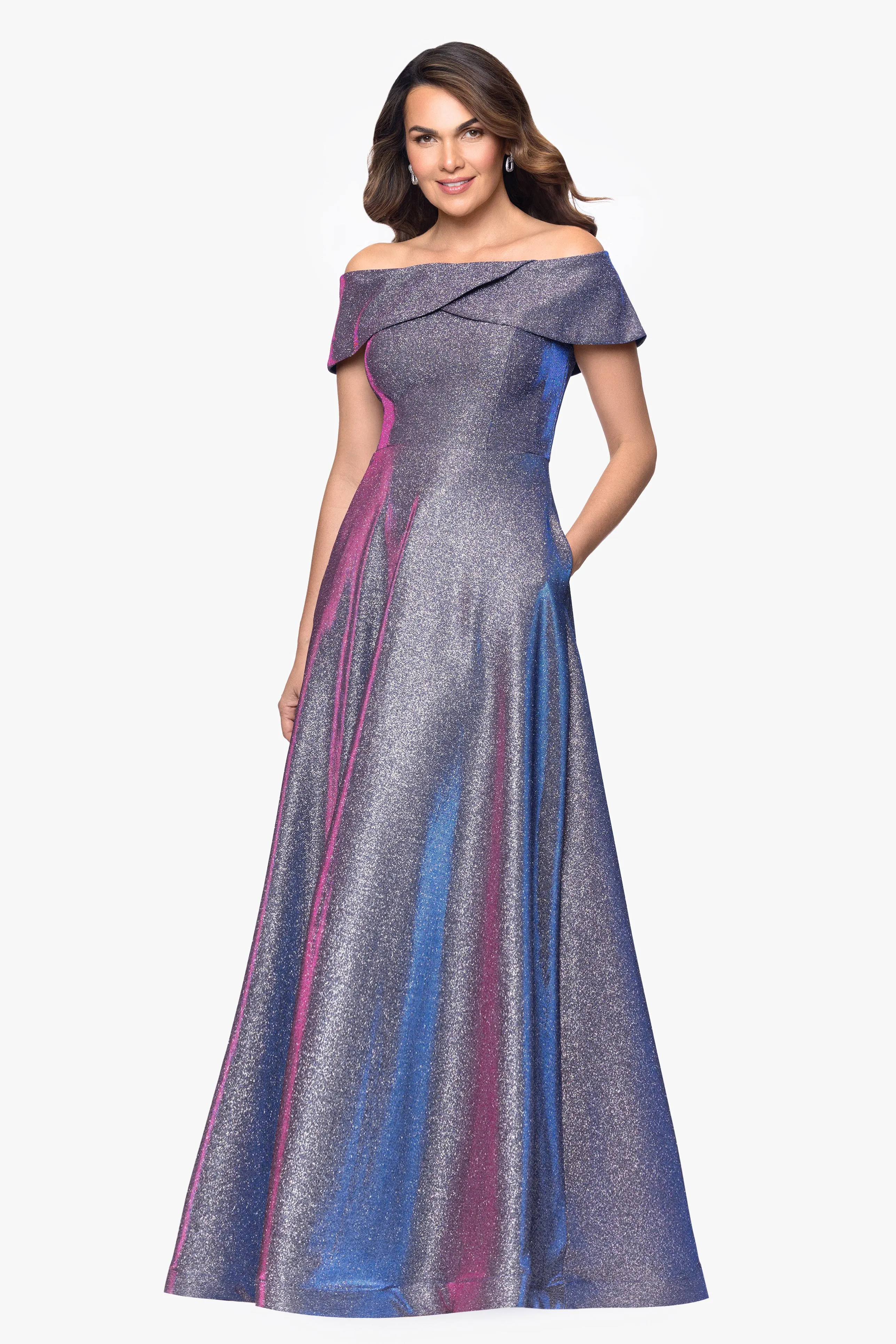 "Kendra" Galaxy Glitter Off the Shoulder Floor Length Gown sold by Betsy & Adam product image thumbnail 4