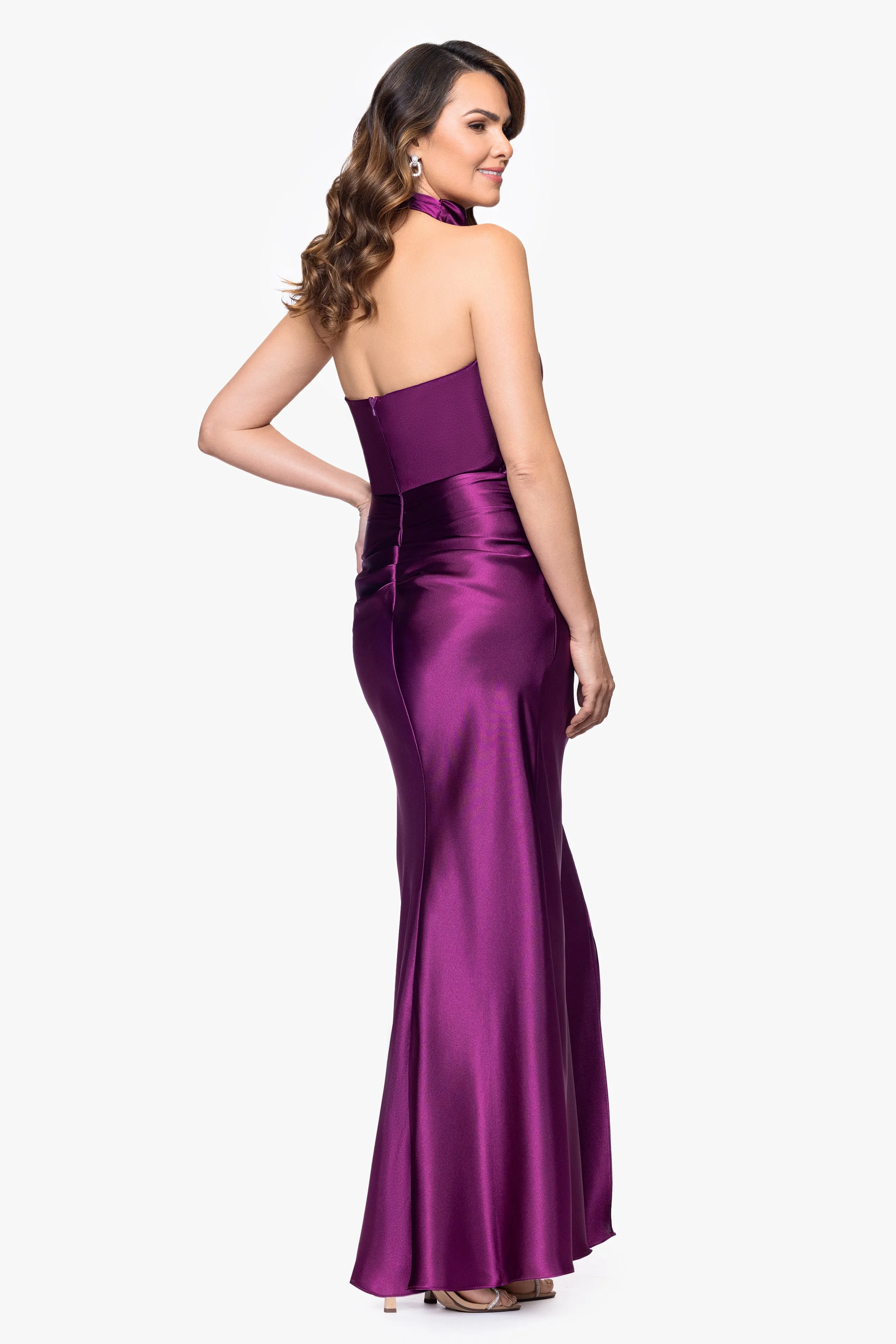 "Antonia" Satin Cowl Halter Neck Rouched Floor Length Dress sold by Betsy & Adam product image thumbnail 3