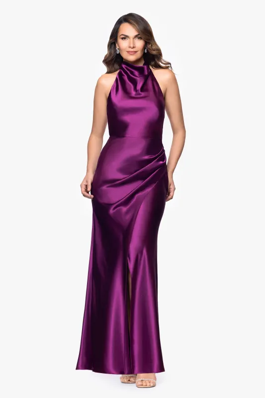 "Antonia" Satin Cowl Halter Neck Rouched Floor Length Dress sold by Betsy & Adam