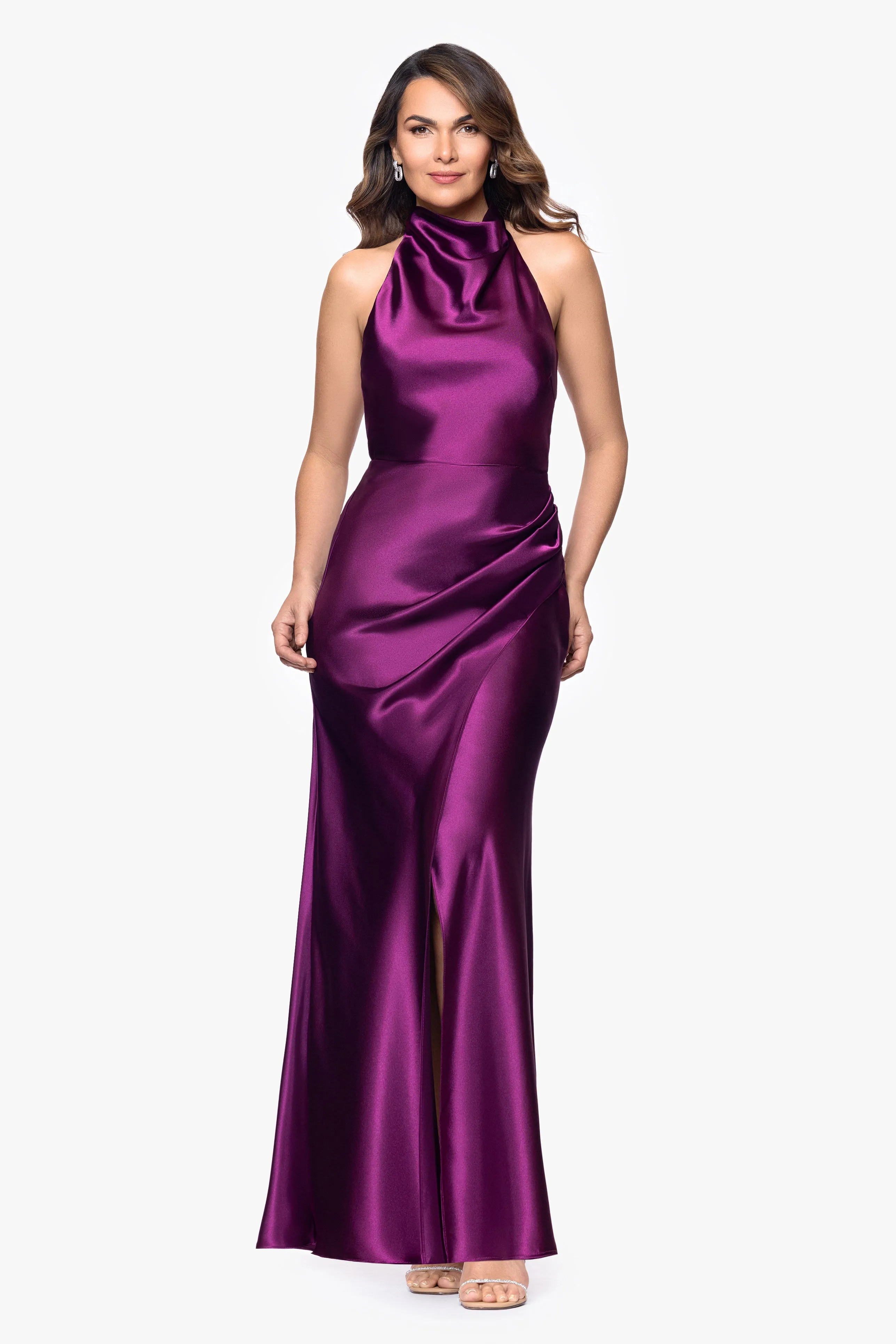 "Antonia" Satin Cowl Halter Neck Rouched Floor Length Dress sold by Betsy & Adam