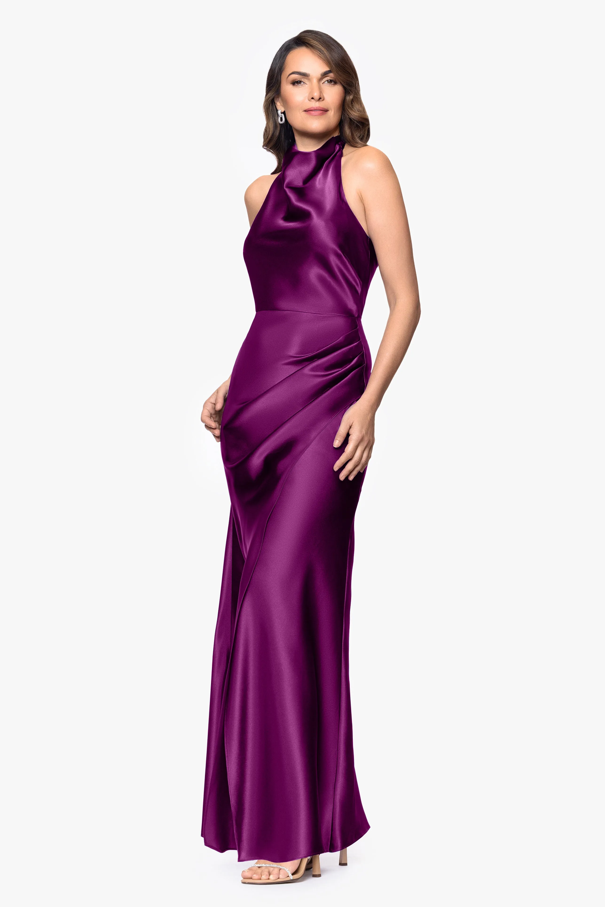 "Antonia" Satin Cowl Halter Neck Rouched Floor Length Dress sold by Betsy & Adam product image thumbnail 4
