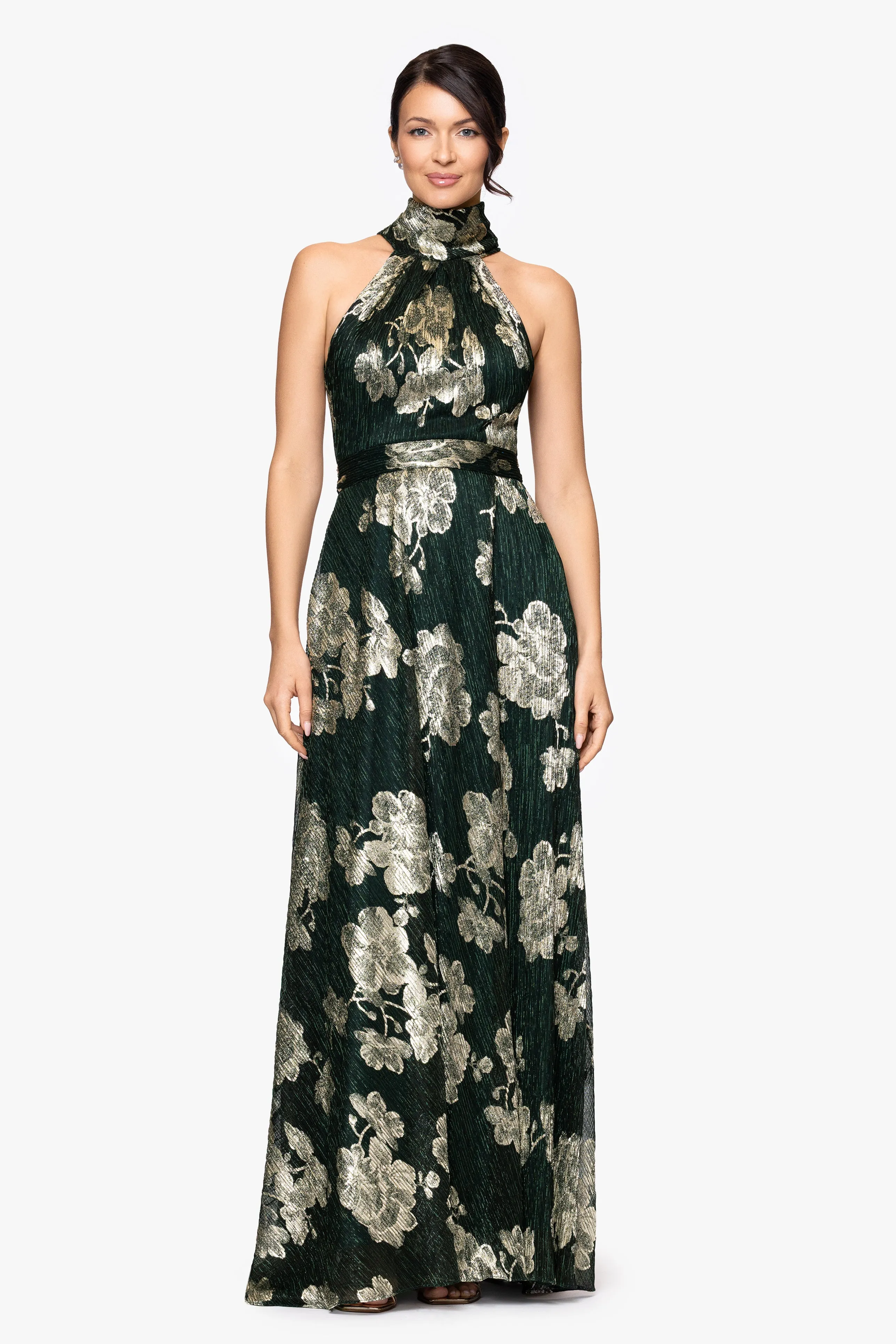 "Blake" Foil Knit High Halter Neck Floor Length Dress sold by Betsy & Adam product image thumbnail 5