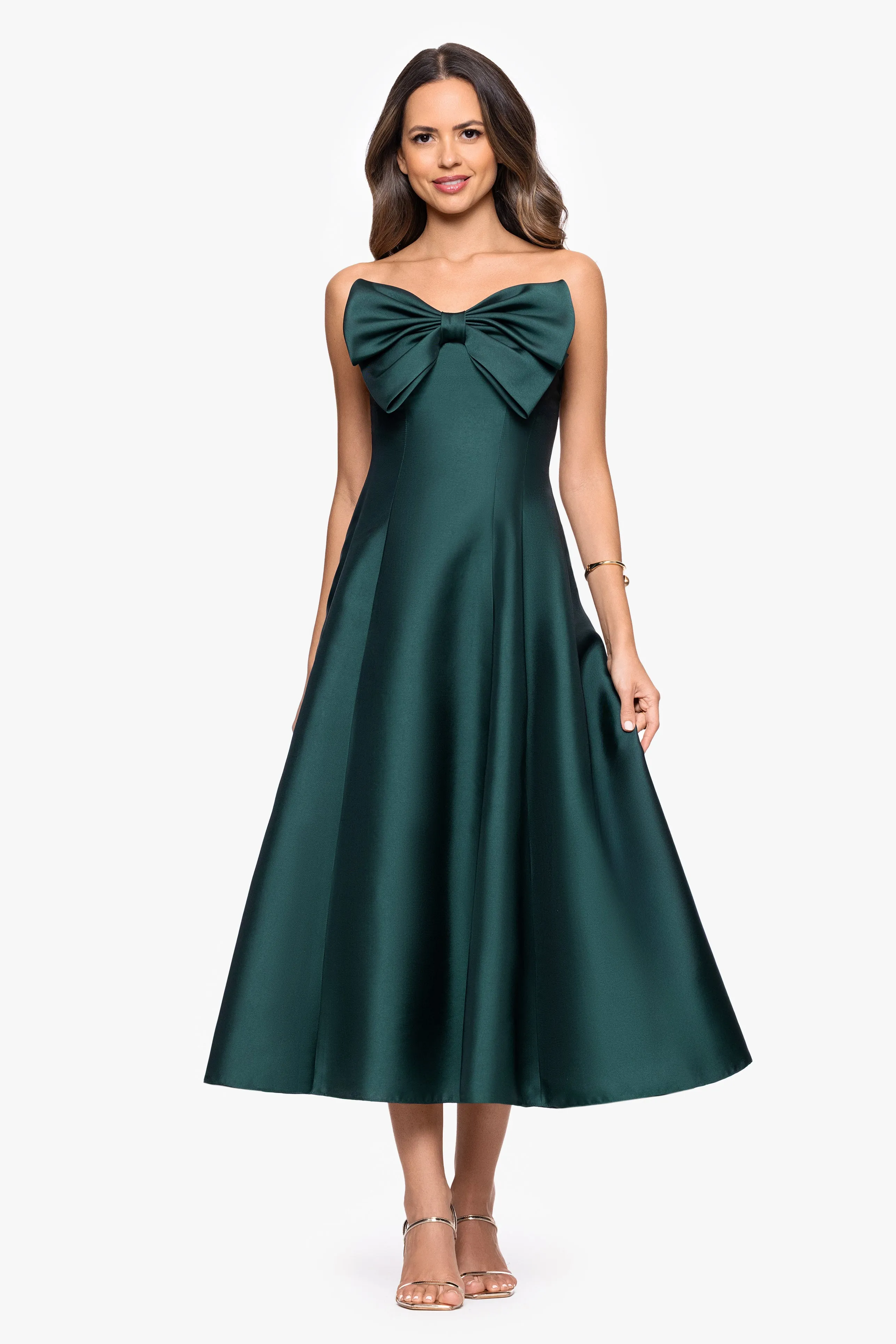 "Coulette" Satin Bow Strapless Midi Dress sold by Betsy & Adam