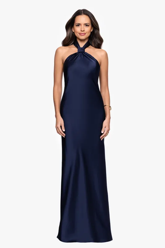 "Esmerelda" Satin Double Knotted Halter Neck Floor Length Dress sold by Betsy & Adam