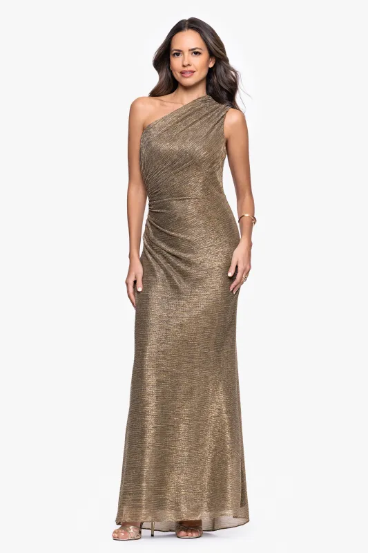 "Bayley" Metallic One Shoulder Floor Length Dress sold by Betsy & Adam