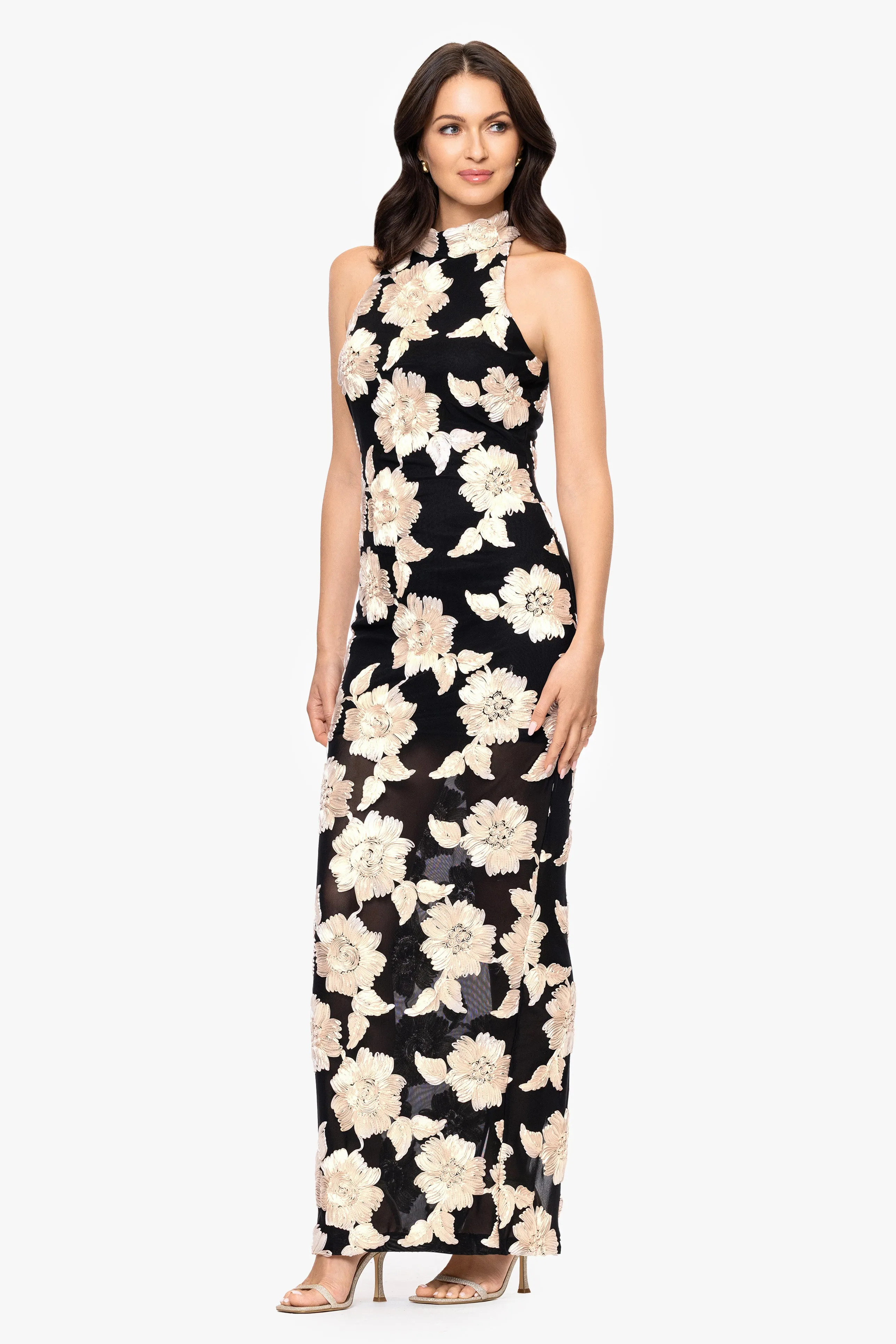 "Camielle" 3D Flower Embellished Mock Neck Floor Length Dress sold by Betsy & Adam product image thumbnail 4