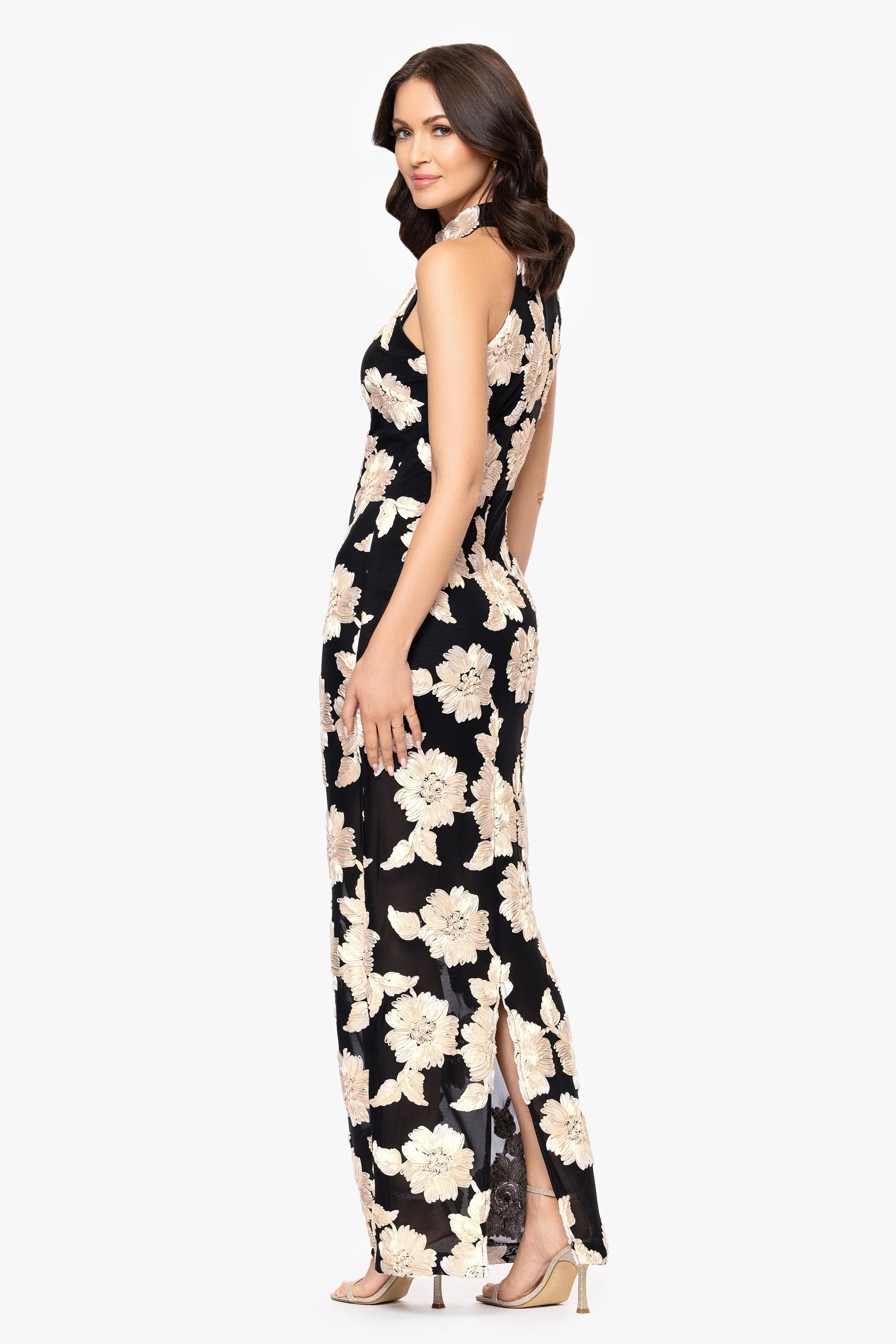 "Camielle" 3D Flower Embellished Mock Neck Floor Length Dress sold by Betsy & Adam product image thumbnail 3