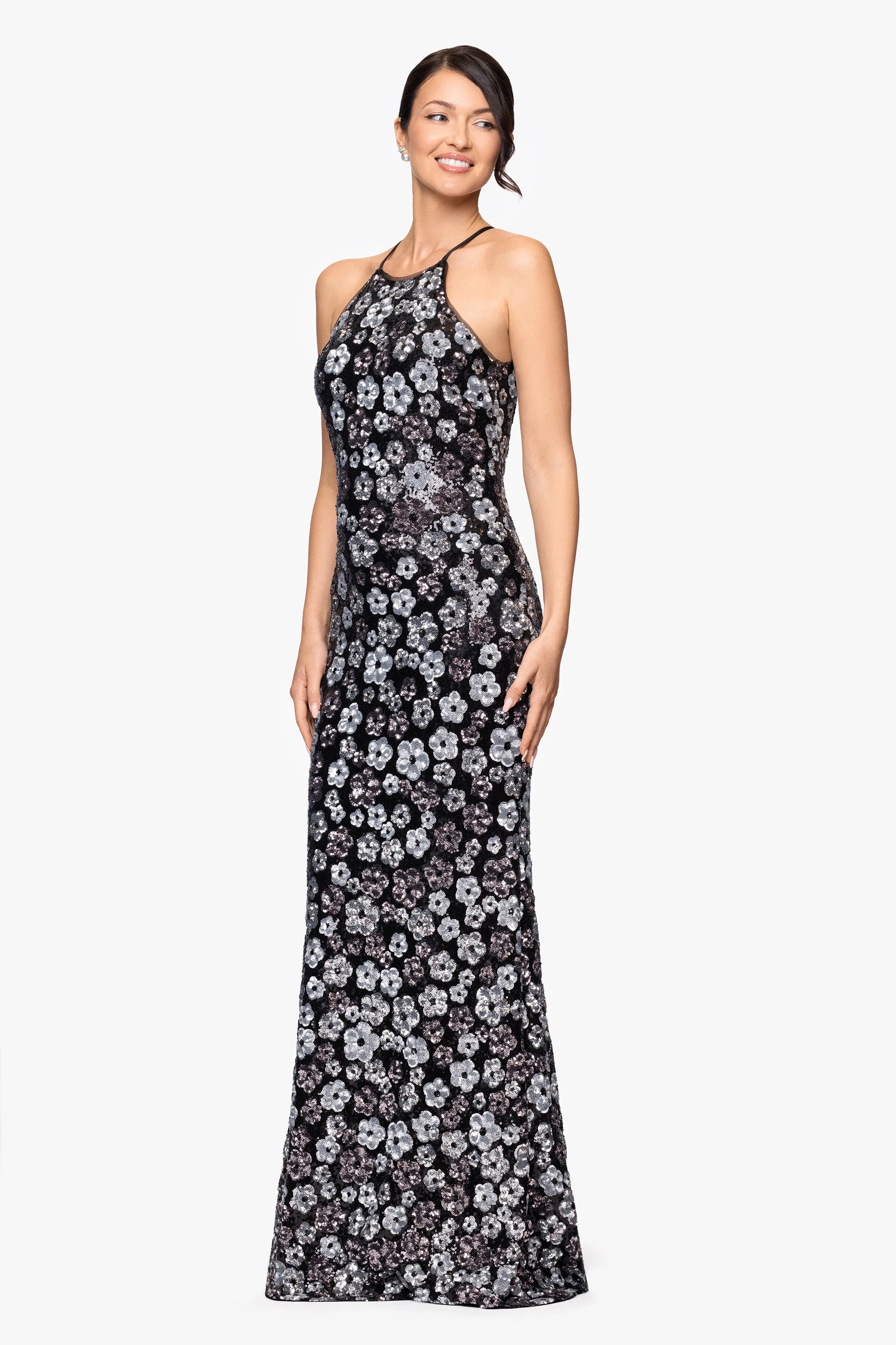 Petite "Denise" Sequin Flower Pattern Floor Length Dress sold by Betsy & Adam product image thumbnail 4