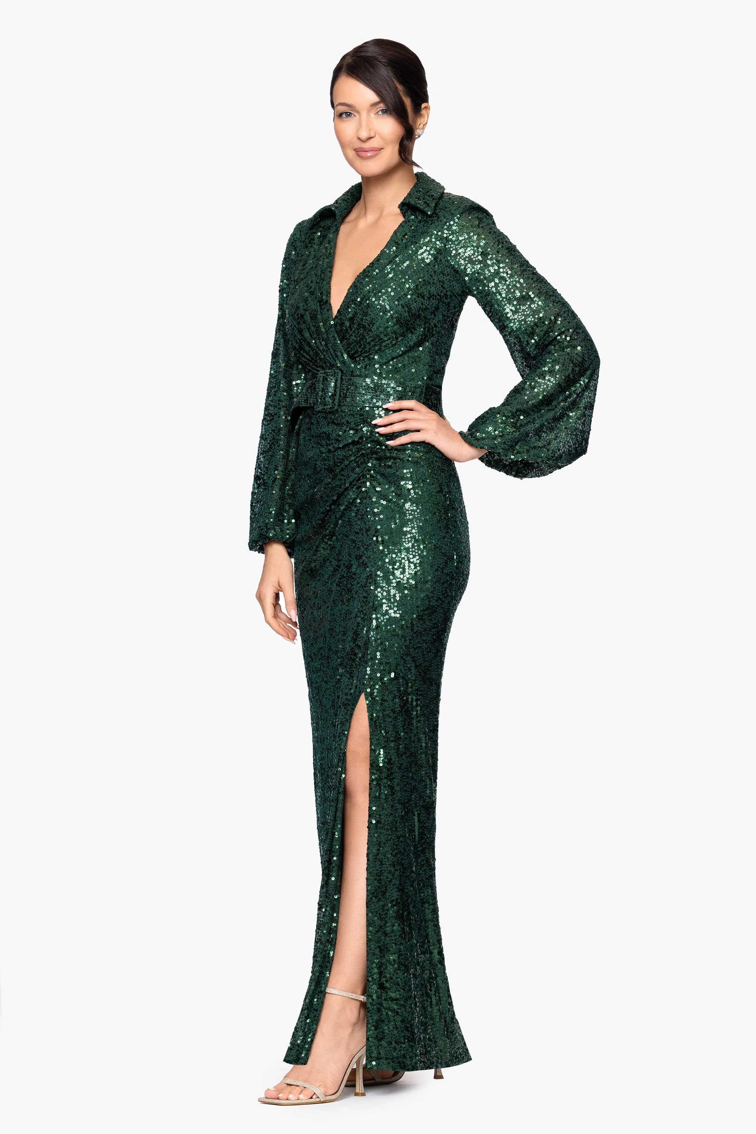 "Yulissa" Sequin Collared Long Sleeve Floor Length Dress sold by Betsy & Adam product image thumbnail 4