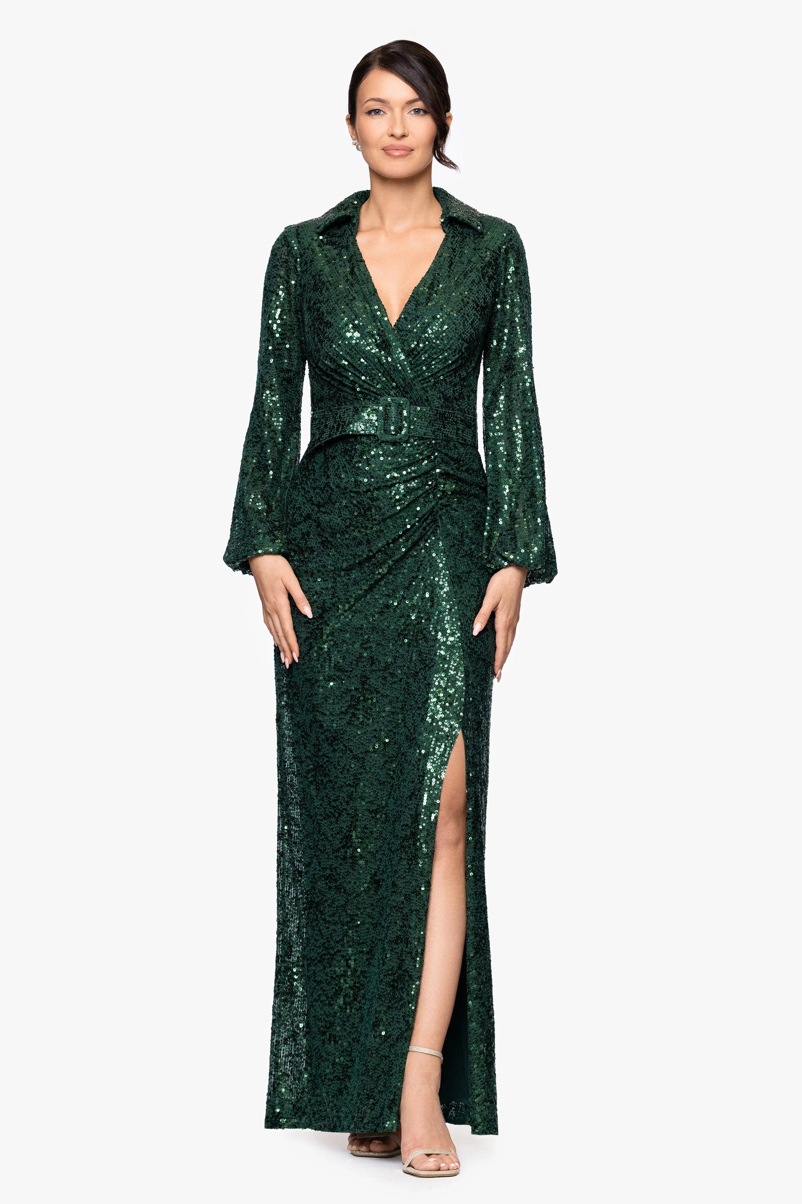 "Yulissa" Sequin Collared Long Sleeve Floor Length Dress sold by Betsy & Adam product image thumbnail 5