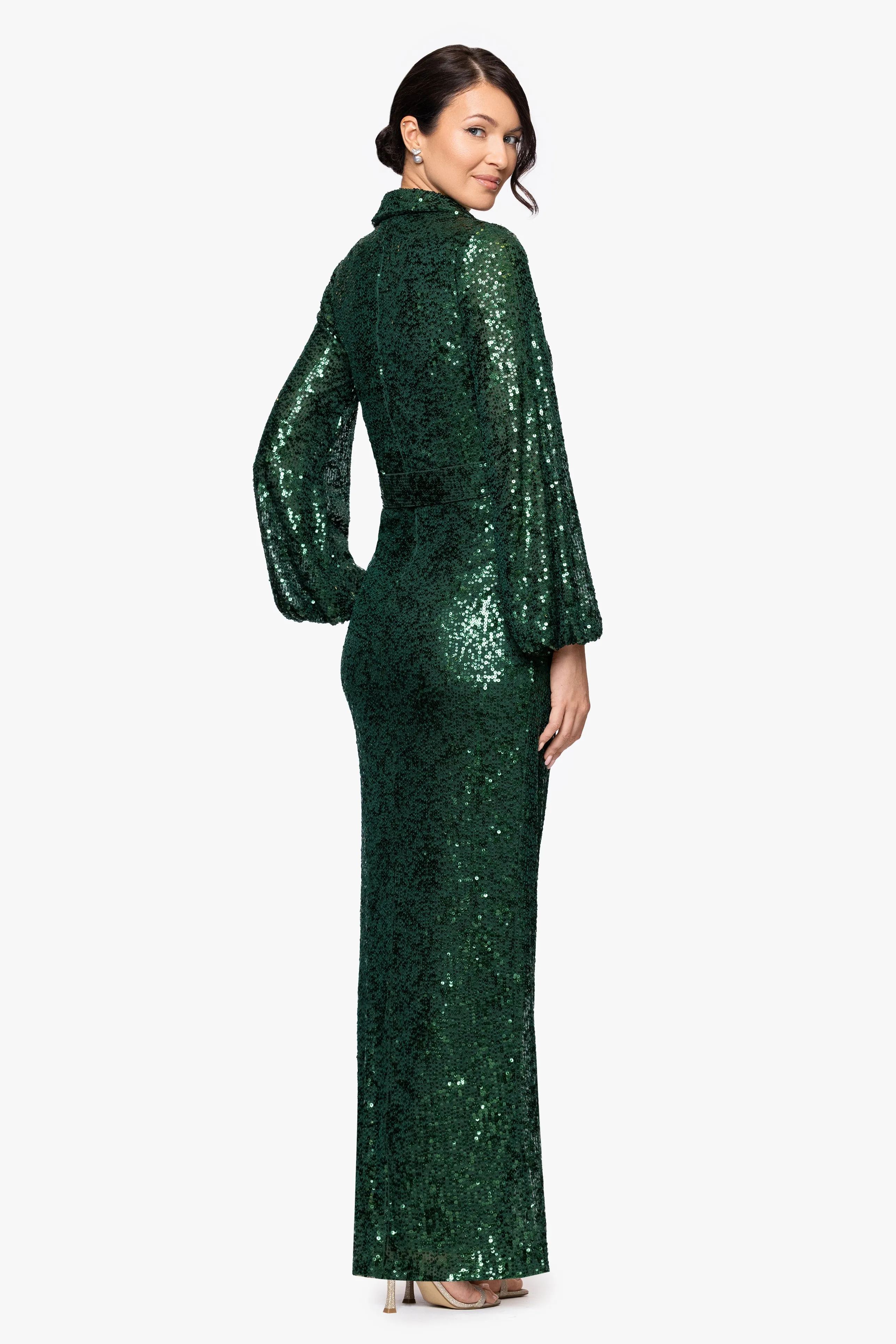 "Yulissa" Sequin Collared Long Sleeve Floor Length Dress sold by Betsy & Adam product image thumbnail 3