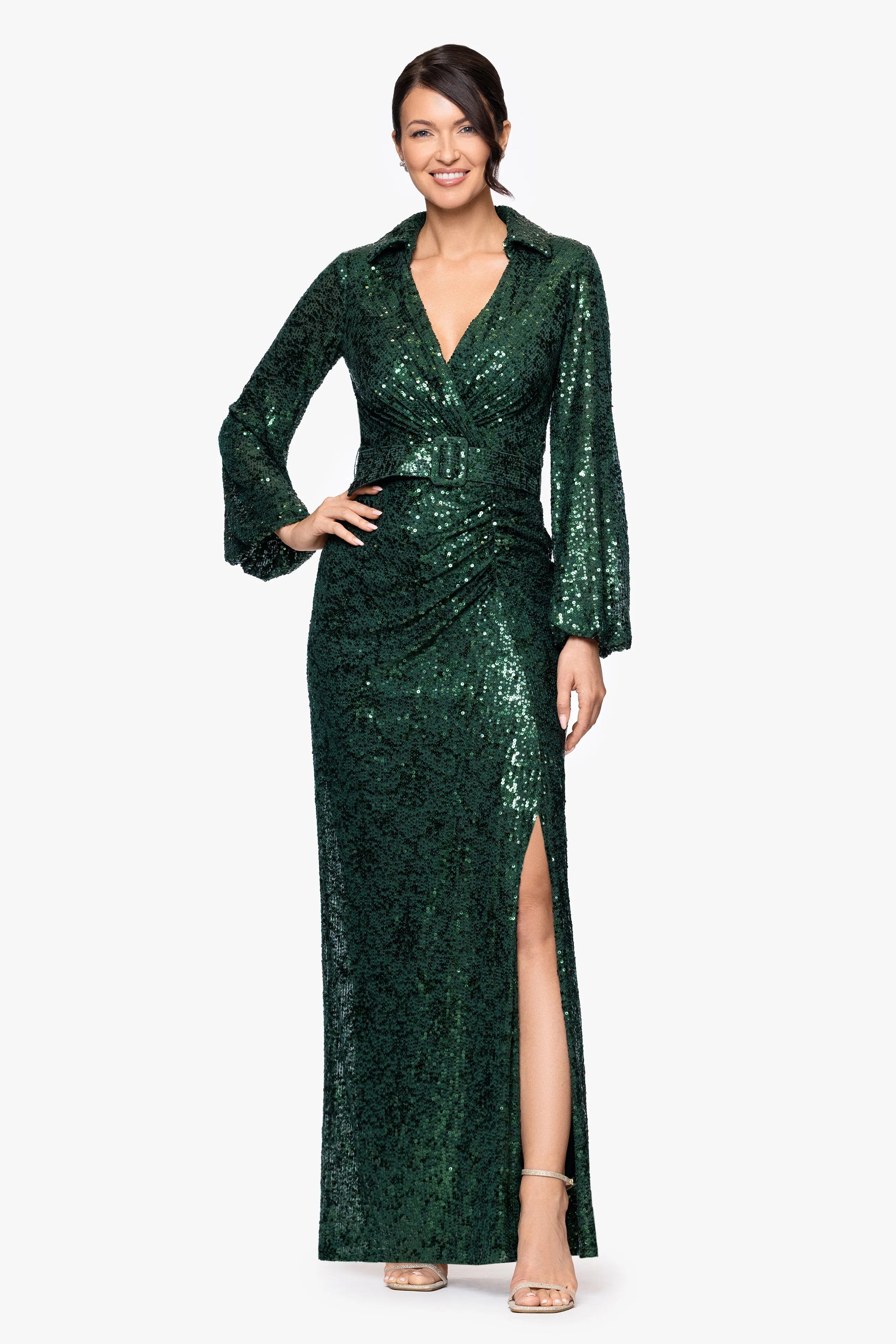 "Yulissa" Sequin Collared Long Sleeve Floor Length Dress sold by Betsy & Adam