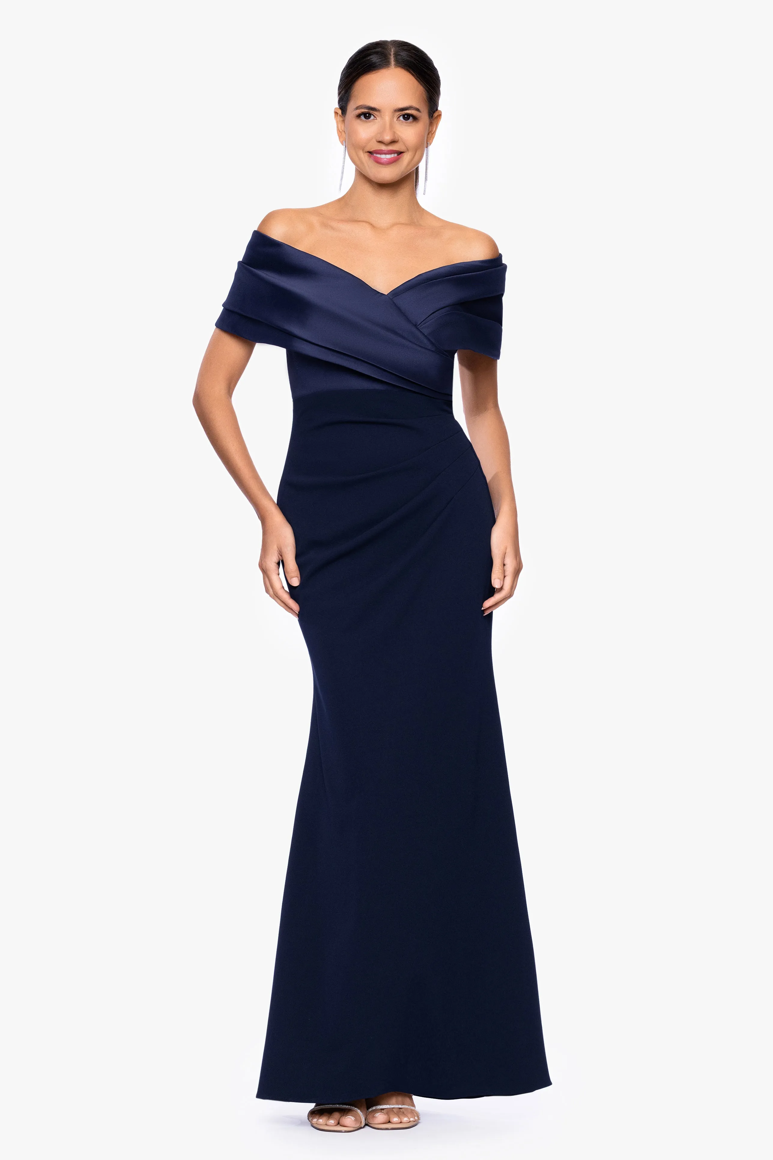 "Yasmeen" Long Off The Shoulder Scuba Crepe Gown sold by Betsy & Adam
