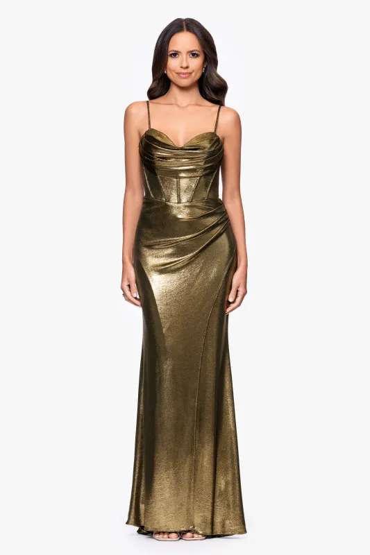 "Shayla" Metallic Jersey Corseted Floor Length Dress sold by Betsy & Adam