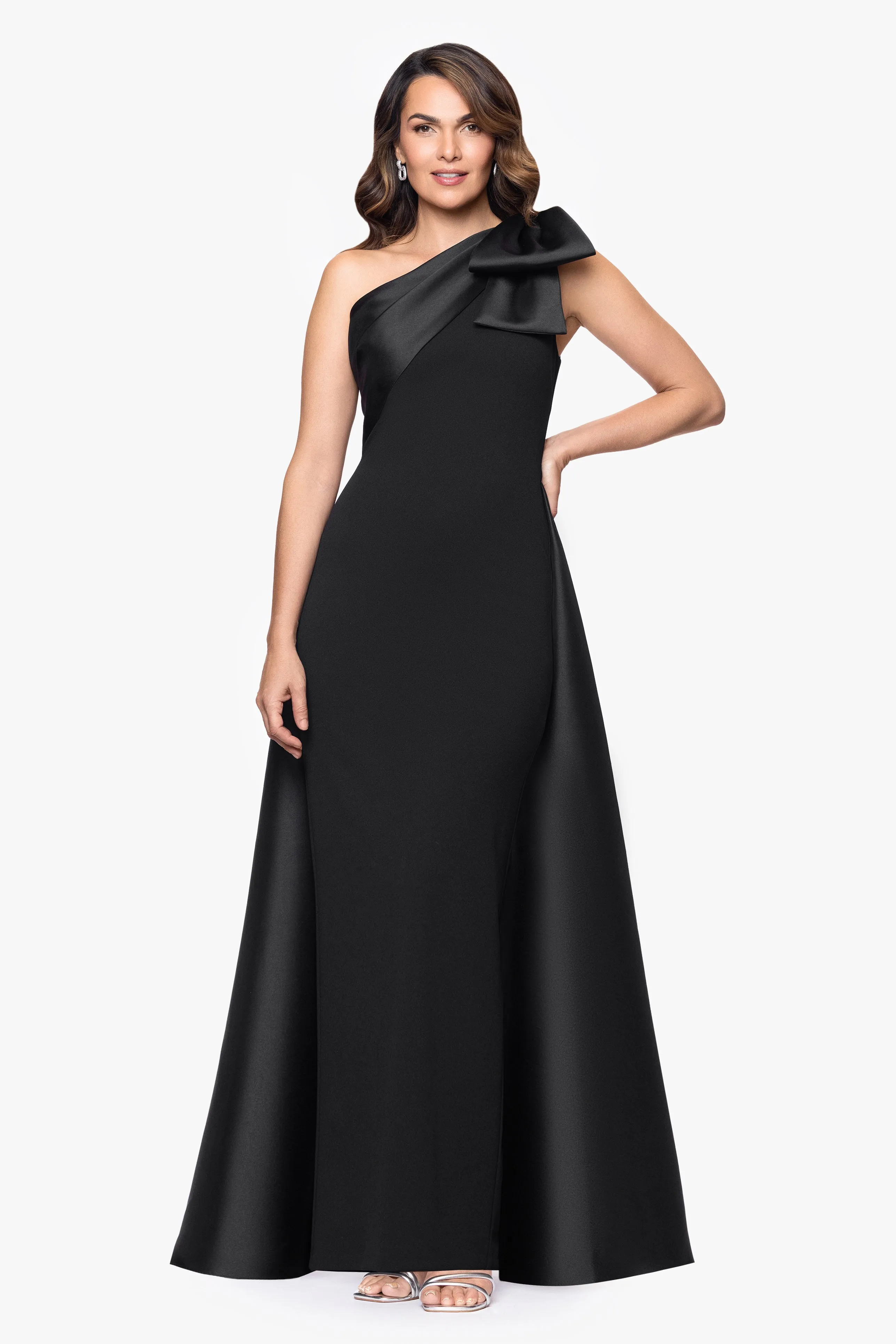"Rosalie" Scuba Crepe One Shoulder Bow Embellished Floor Length Gown sold by Betsy & Adam product image thumbnail 5