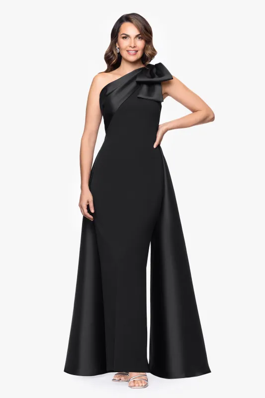 "Rosalie" Scuba Crepe One Shoulder Bow Embellished Floor Length Gown sold by Betsy & Adam