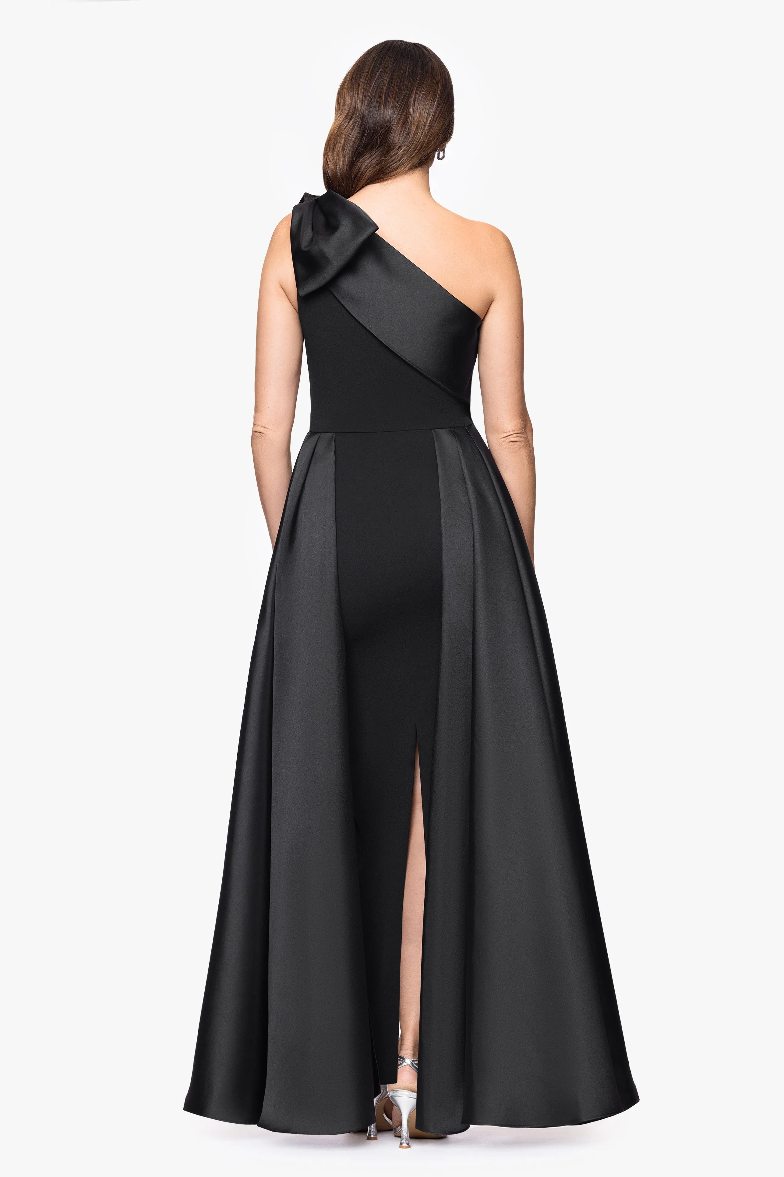 "Rosalie" Scuba Crepe One Shoulder Bow Embellished Floor Length Gown sold by Betsy & Adam product image thumbnail 3