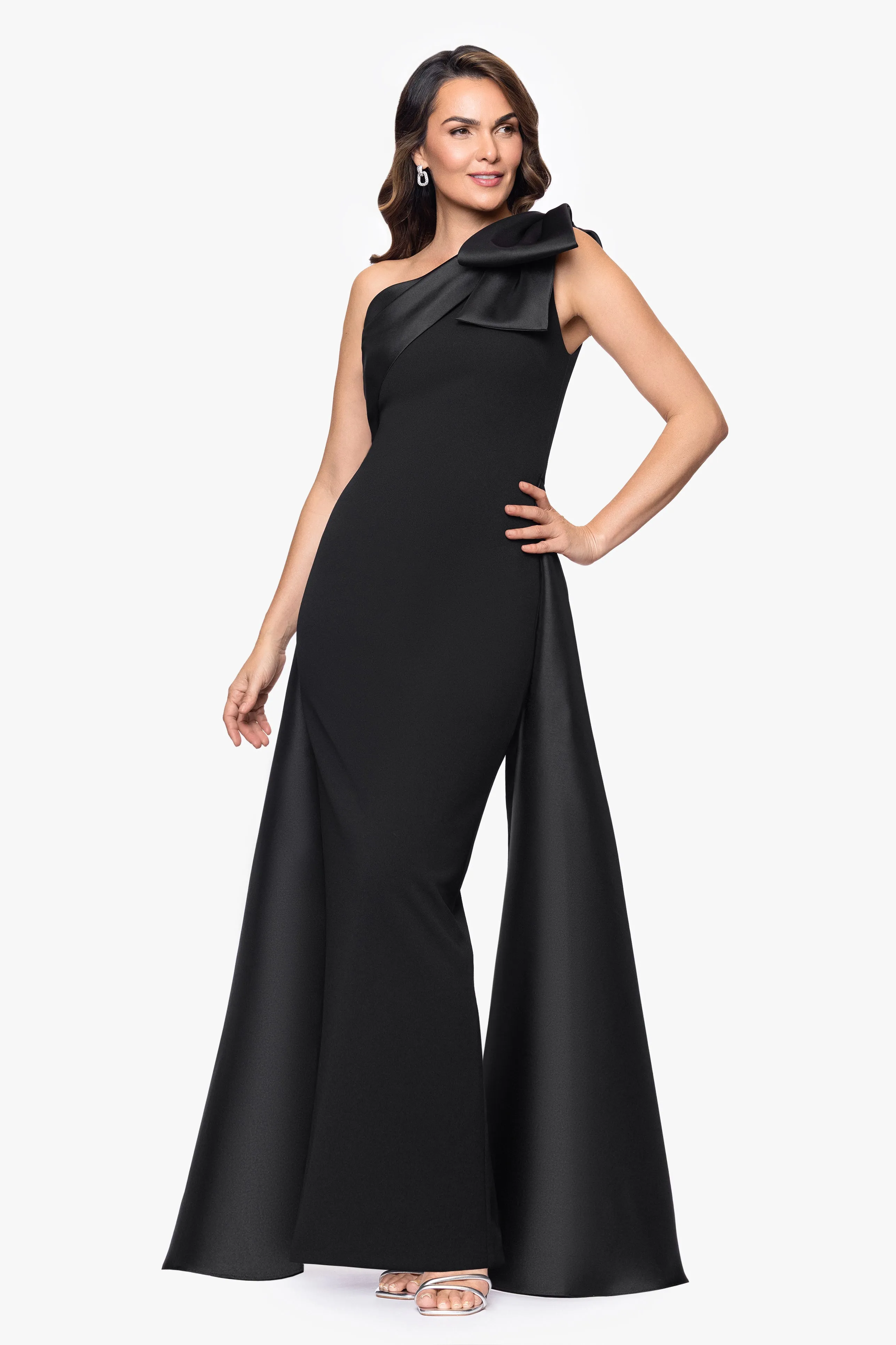 "Rosalie" Scuba Crepe One Shoulder Bow Embellished Floor Length Gown sold by Betsy & Adam product image thumbnail 4