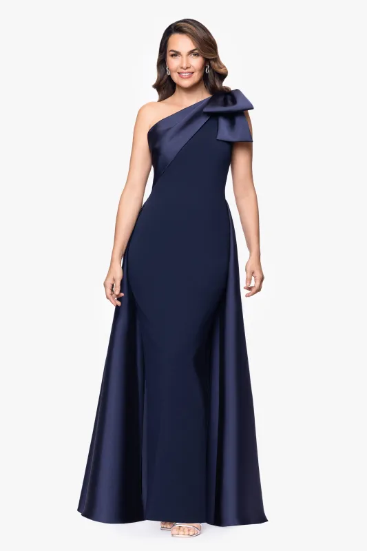 "Rosalie" Scuba Crepe One Shoulder Bow Embellished Floor Length Gown sold by Betsy & Adam