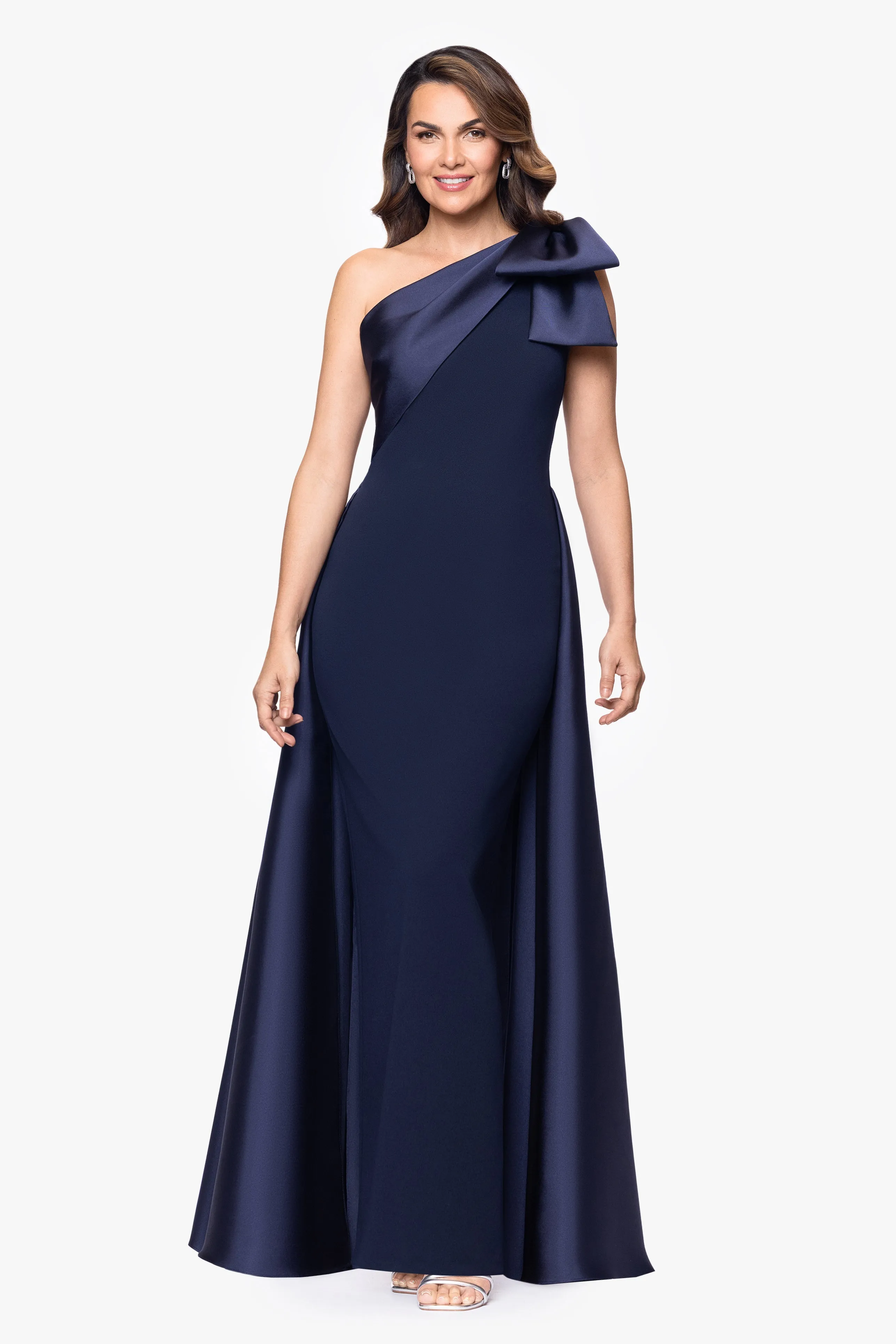 "Rosalie" Scuba Crepe One Shoulder Bow Embellished Floor Length Gown sold by Betsy & Adam
