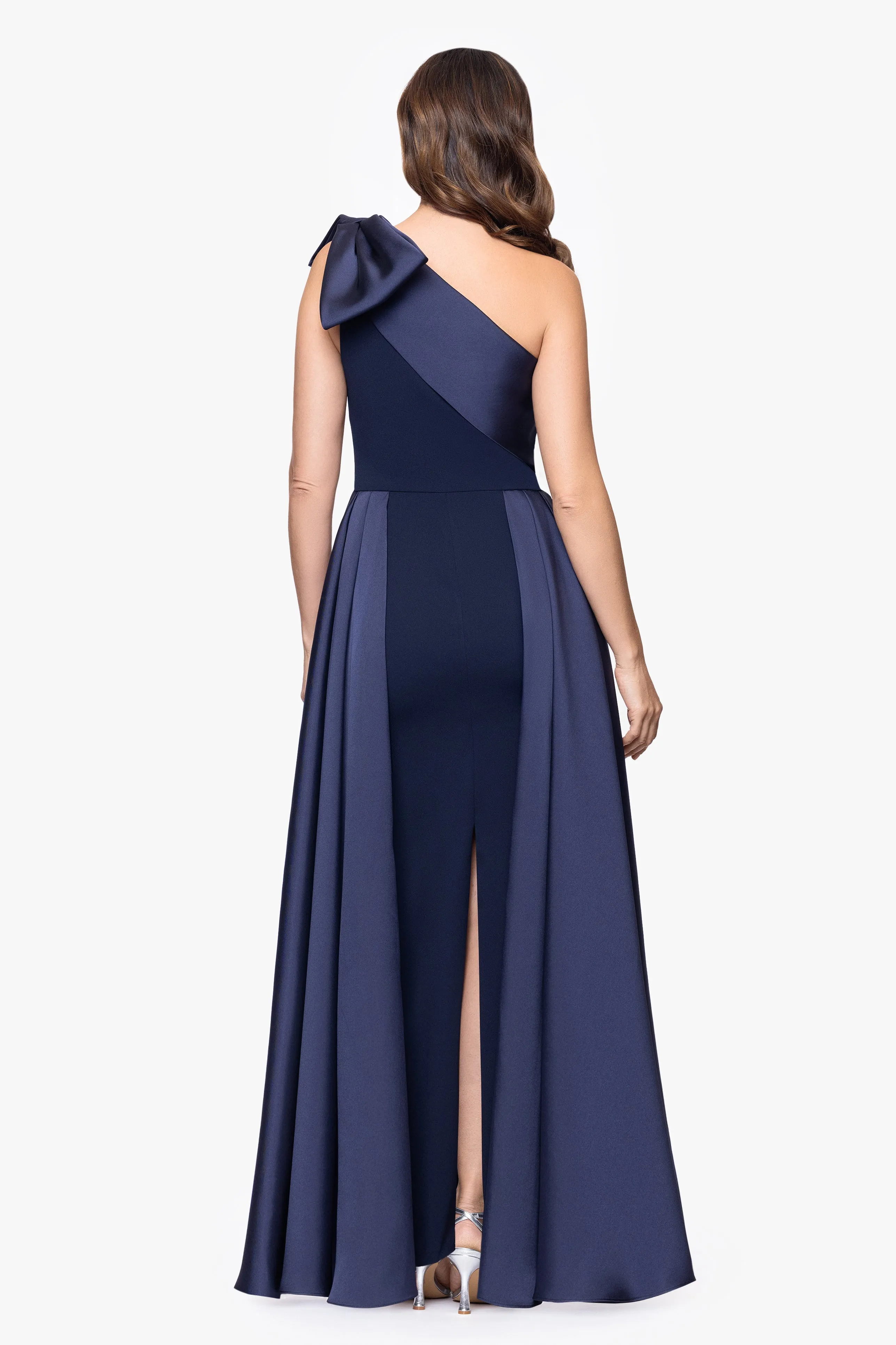 "Rosalie" Scuba Crepe One Shoulder Bow Embellished Floor Length Gown sold by Betsy & Adam product image thumbnail 3