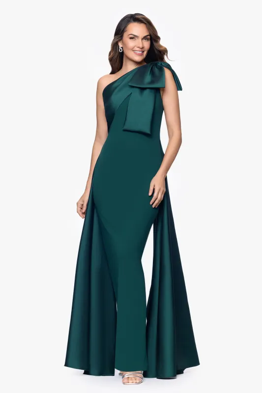 "Rosalie" Scuba Crepe One Shoulder Bow Embellished Floor Length Gown sold by Betsy & Adam
