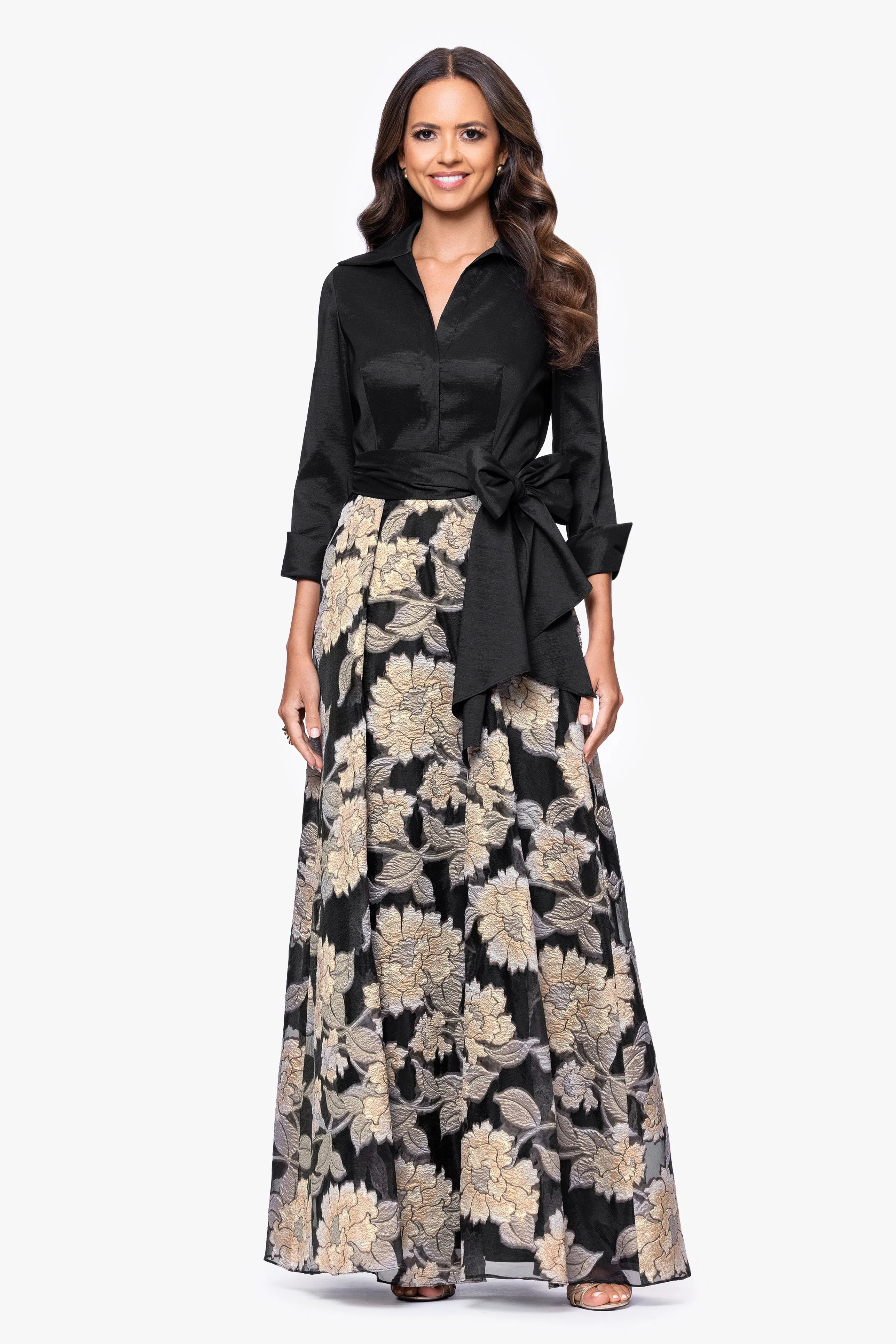 "Constance" Taffeta and Brocade 3/4 Sleeve Floor Length Dress sold by Betsy & Adam