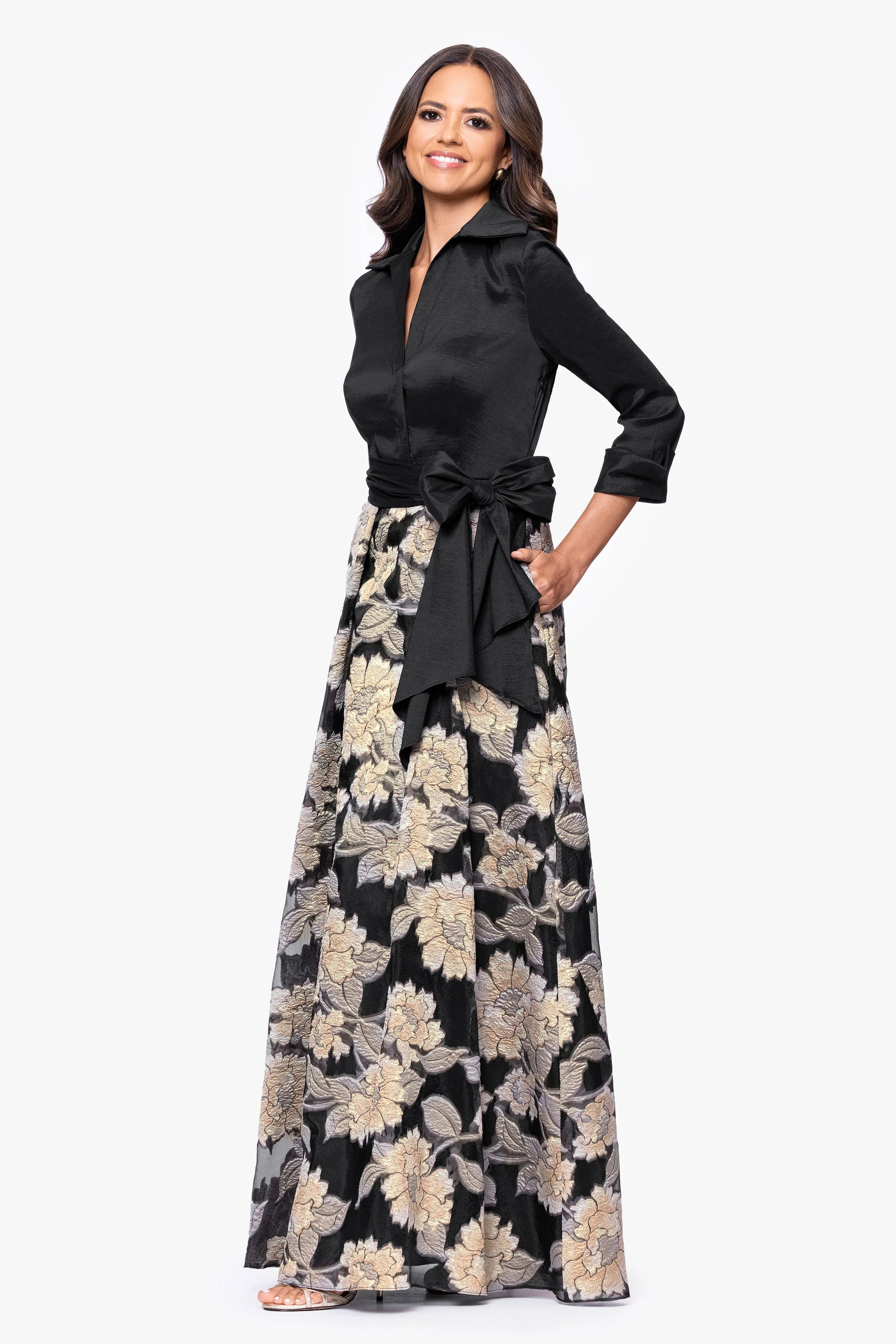 "Constance" Taffeta and Brocade 3/4 Sleeve Floor Length Dress sold by Betsy & Adam product image thumbnail 4