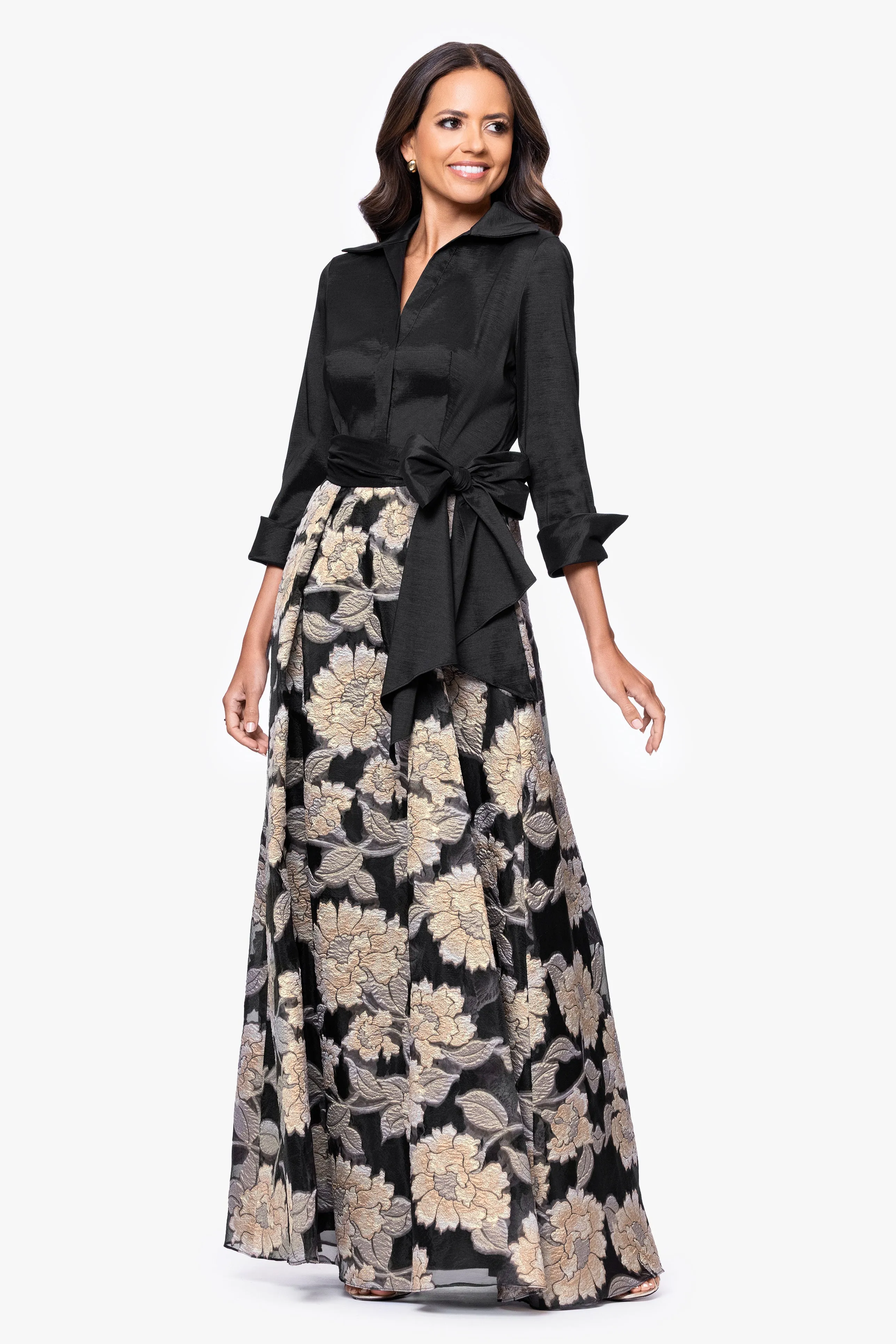 "Constance" Taffeta and Brocade 3/4 Sleeve Floor Length Dress sold by Betsy & Adam product image thumbnail 5