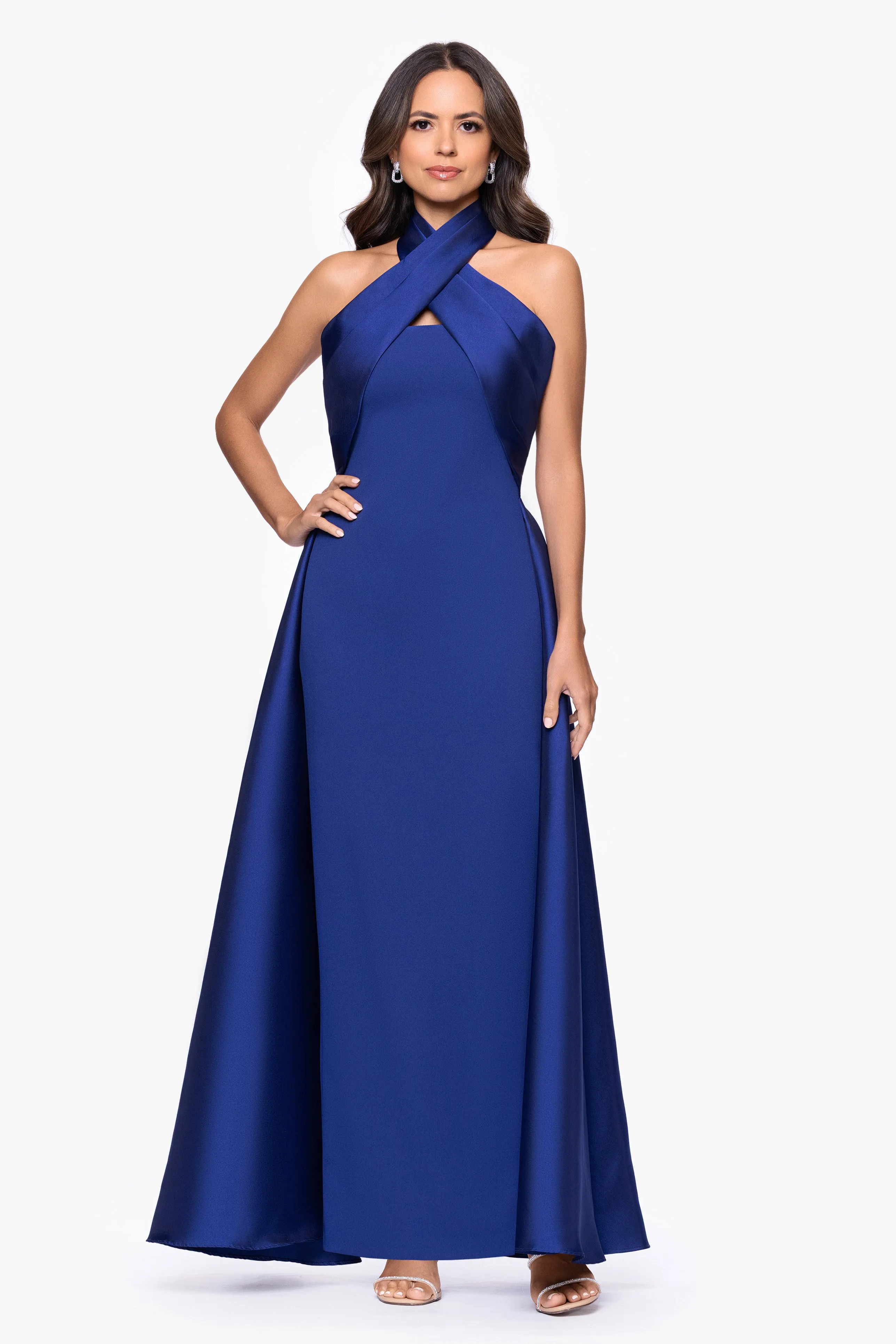 "Dina" Scuba Crepe Twist Halter Neck Floor Length Gown sold by Betsy & Adam