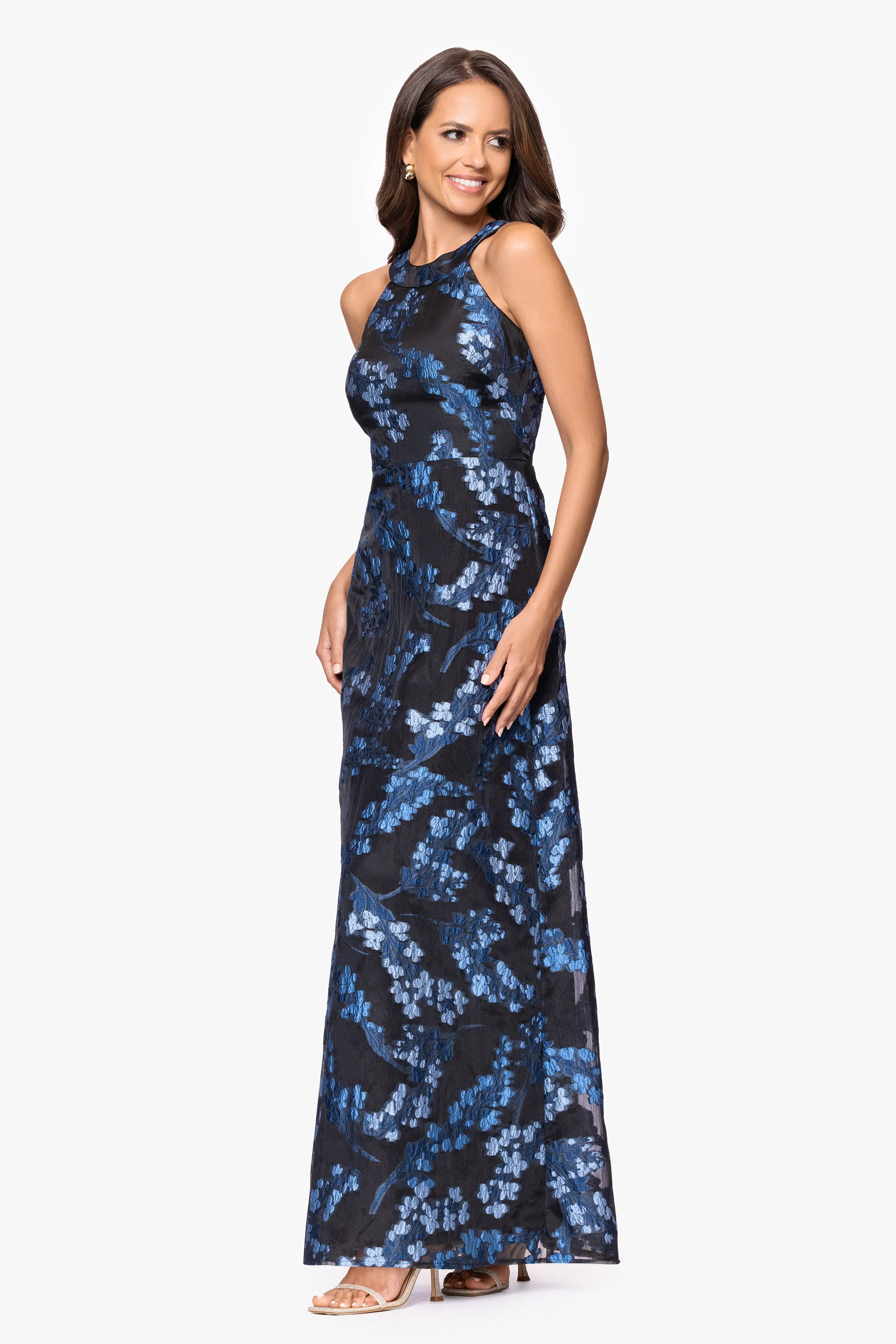 Petite "Leila" Organza Brocade Halter Neck Floor Length Dress sold by Betsy & Adam product image thumbnail 4